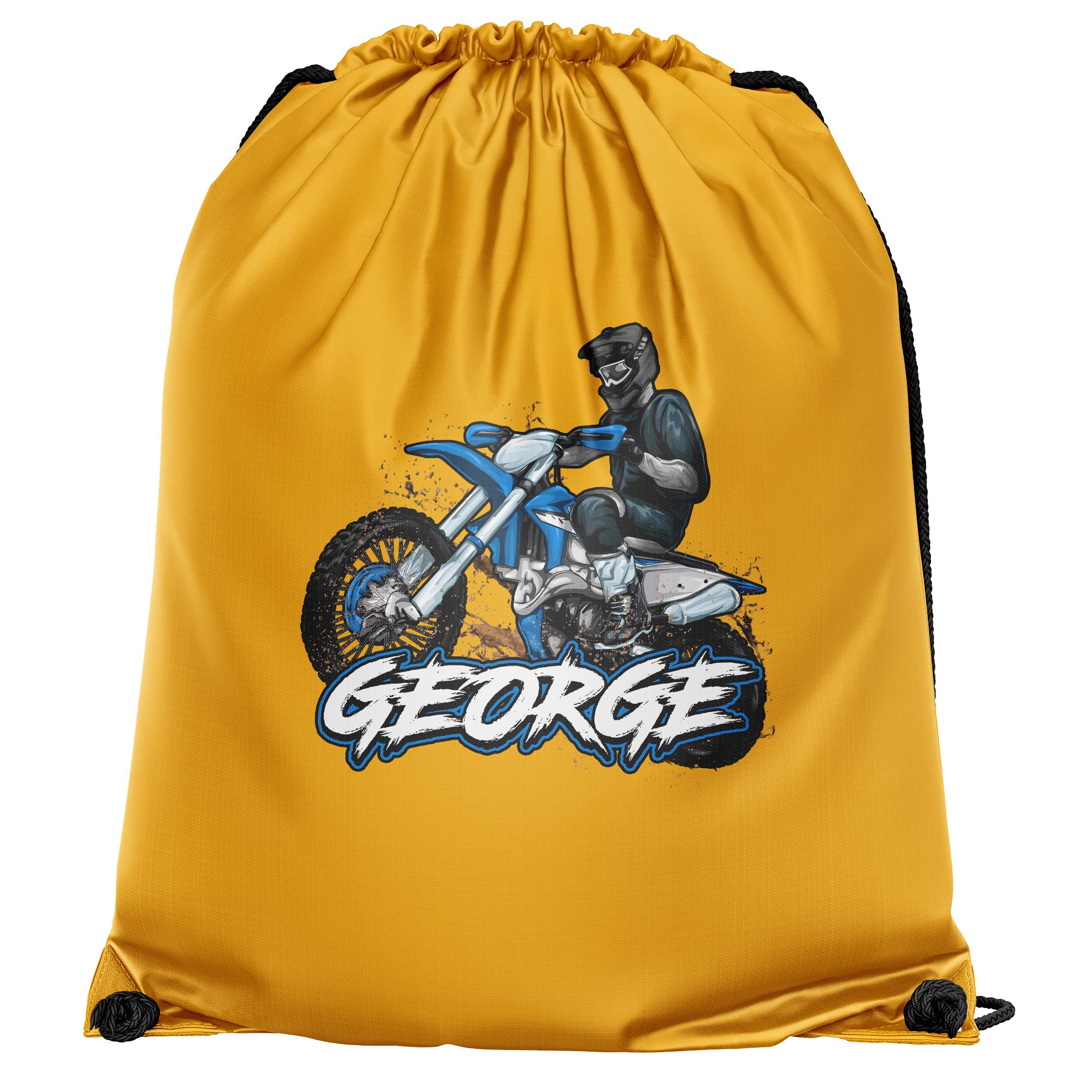 Personalised Dirt Bike Drawstring Bag, Custom Back to School and Nursery Gifts for Boys, Ideal Bag for Boys Who Love Motorbikes, Essential Kids PE Kit Swimming Bag, One Size, Orange