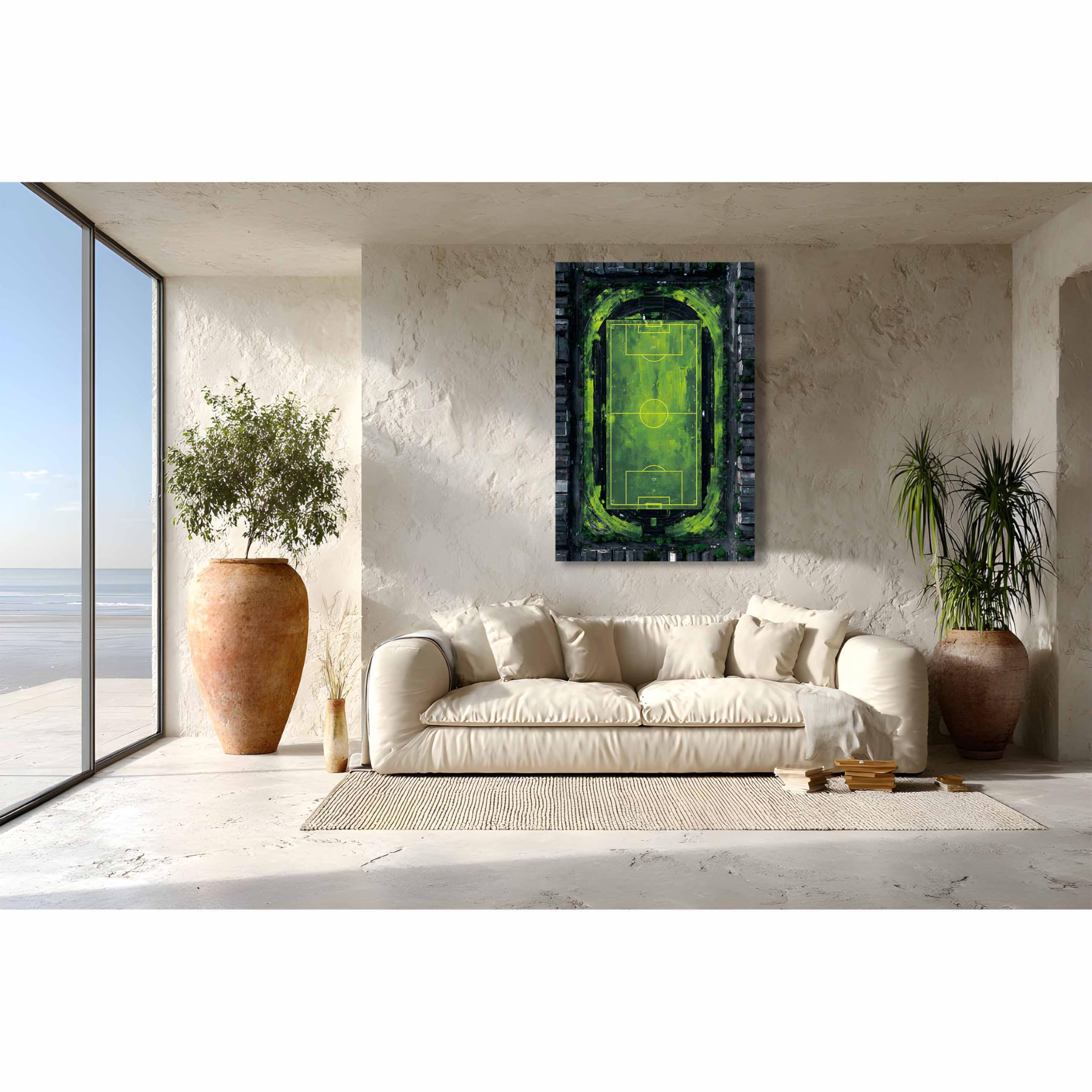 Kunstbruder Wandbild Topdown Stadion – Fußballfeld aus der Vogelperspektive, 80x120 cm, für Vereinsheim und Trainingsraum