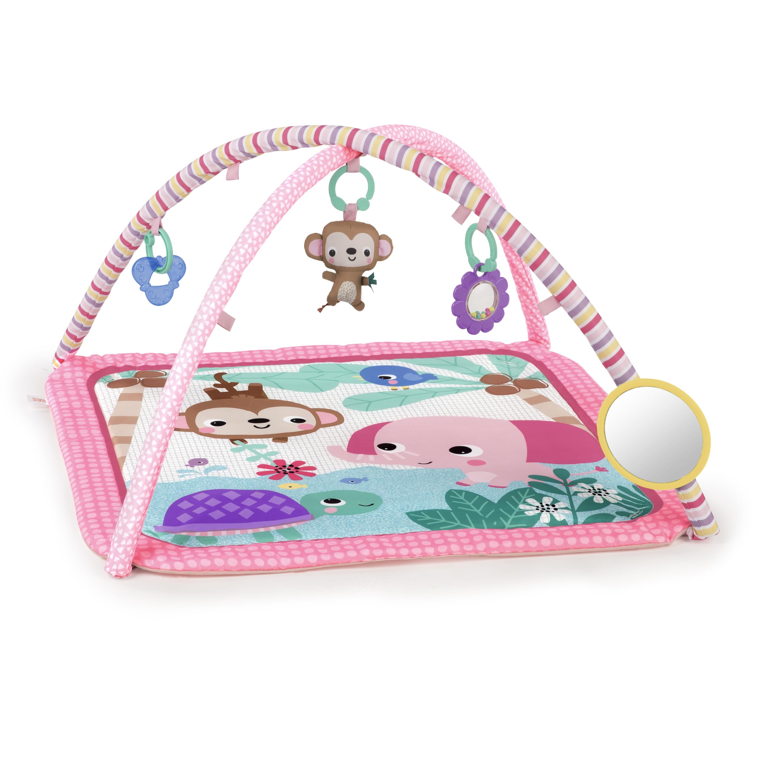 Bright Starts Kwiatowy Safari Baby Activity Gym Można prać w pralce mata do zabawy z 4 zabawkami, noworodek i więcej - różowy i fioletowy, 80 x 80 x 45 cm