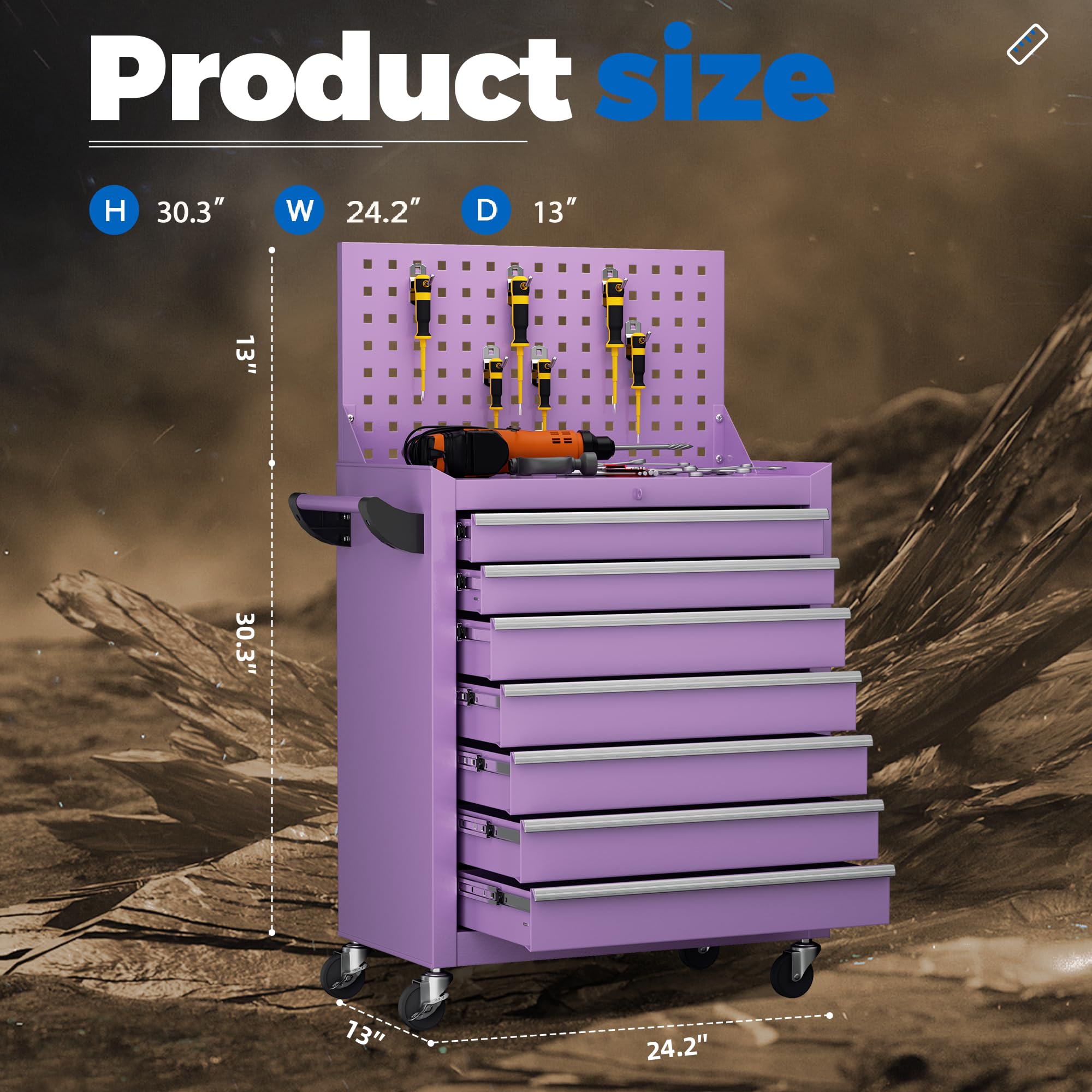INTERGREAT Caja de herramientas con ruedas de 7 cajones con tablero perforado, baúl de herramientas portátil con ruedas, organizador de herramientas con sistema de bloqueo para garaje (morado)