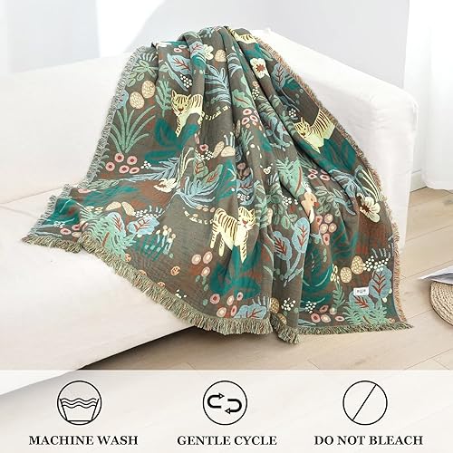 Miniatura 4 de Cobija para cama de estilo bohemio, 100 % algodón, ultra suave, edredón rústico, cobija de otoño, estampado floral y de tigre, cobija rústica