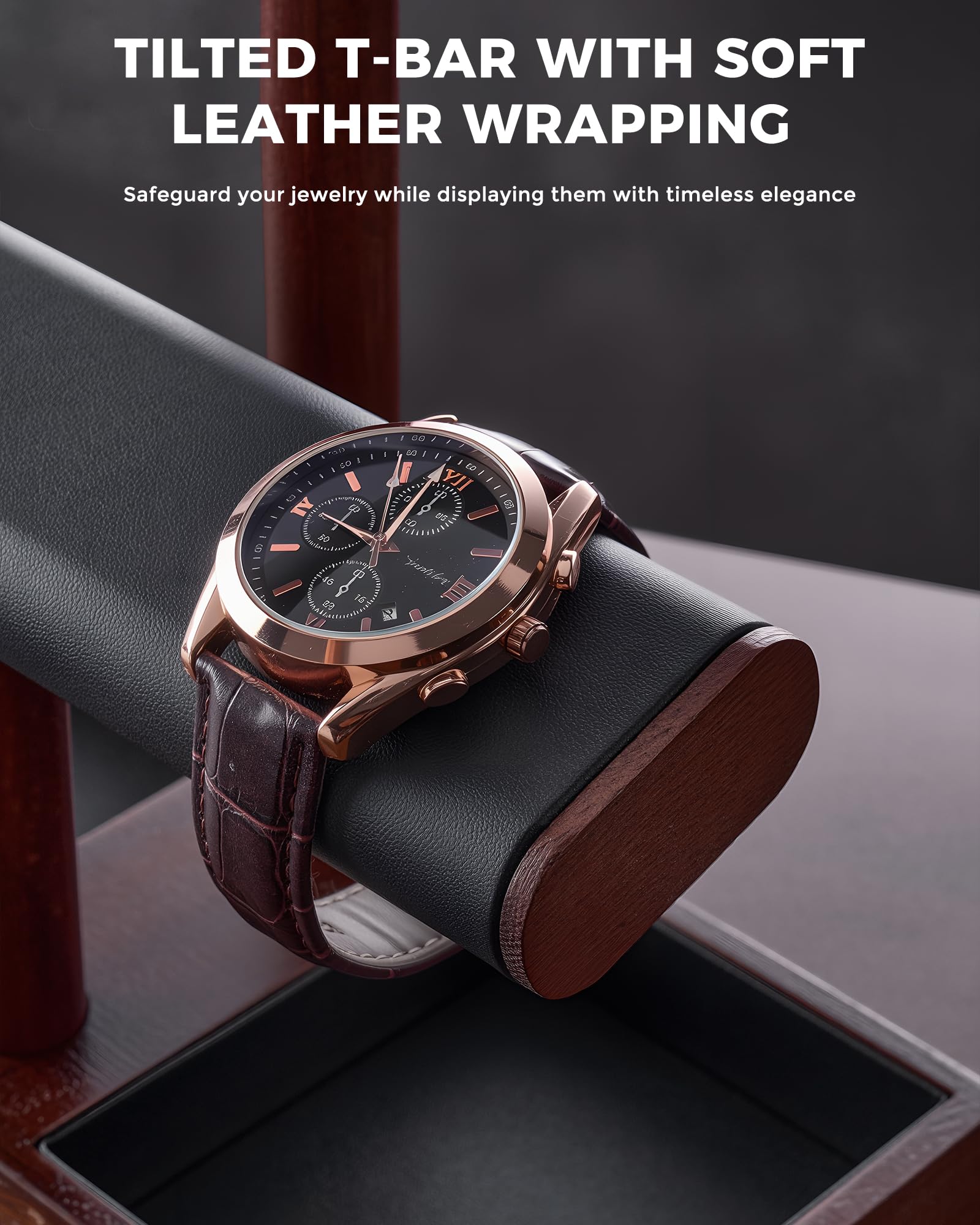 ProCase Support Montre en Bois, Présentoir Bijoux Homme à 2 Niveaux pour Montres, Bracelets, Chaînes et Bagues