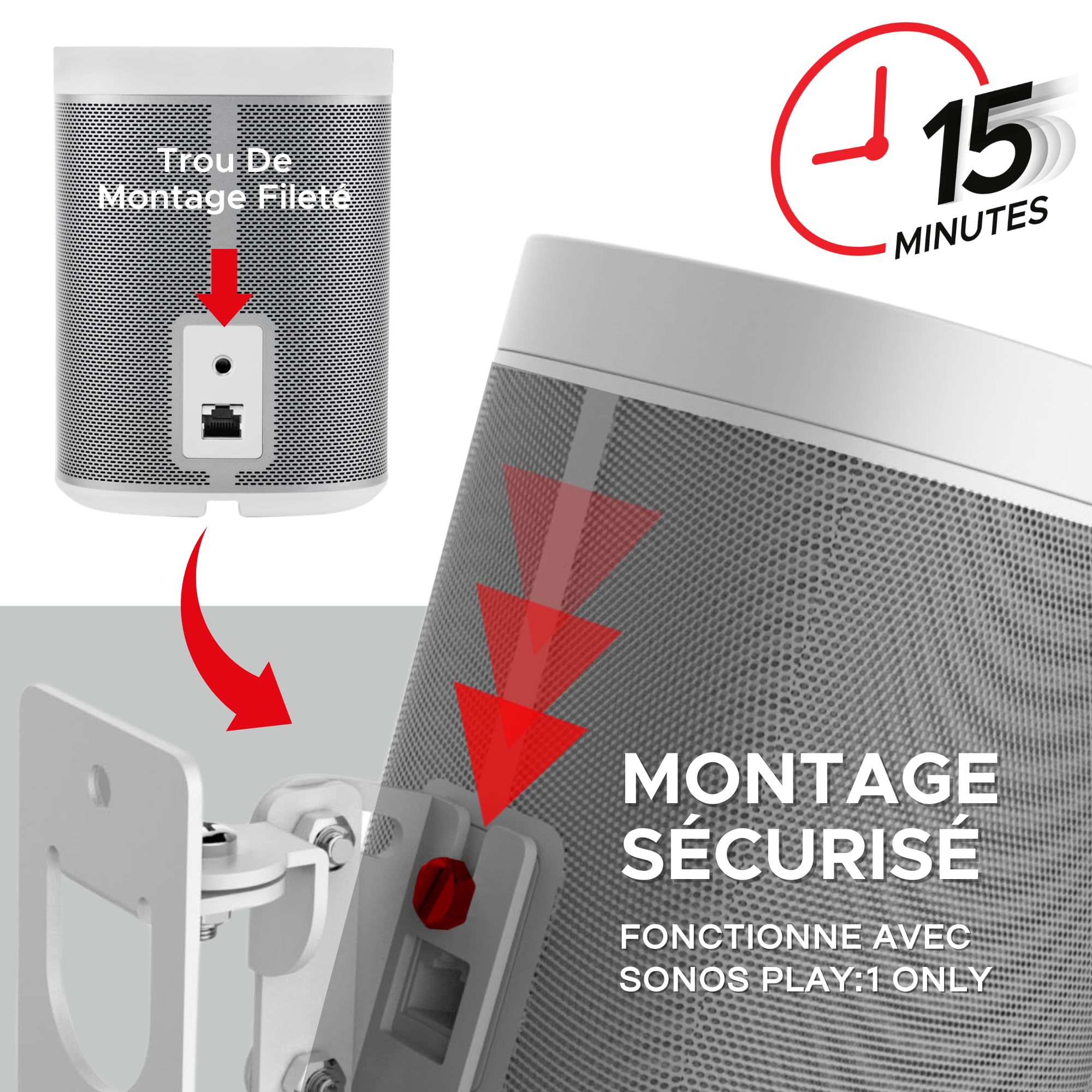 Play 1 Paire de Supports muraux Blanc compatibles avec Sonos Play:1 Uniquement, Lot de 2, mécanisme de pivotement et d'inclinaison réglable, 2 Supports de Montage Comprenant Toutes Les Fixations