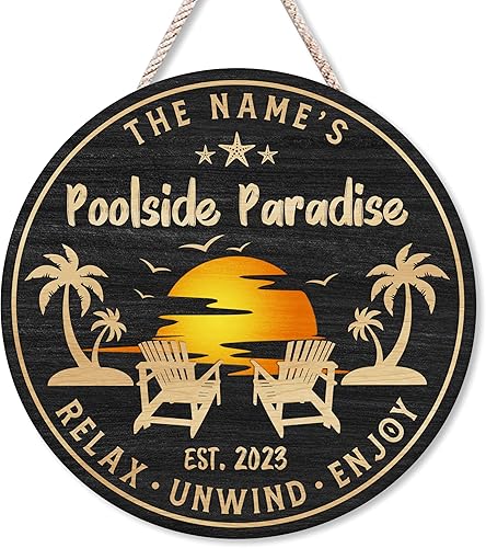 Hyturtle Letrero personalizado con divertido estampado de zona de piscina para patio trasero, paraíso, oasis frente al mar, relax y disfrutar, placa