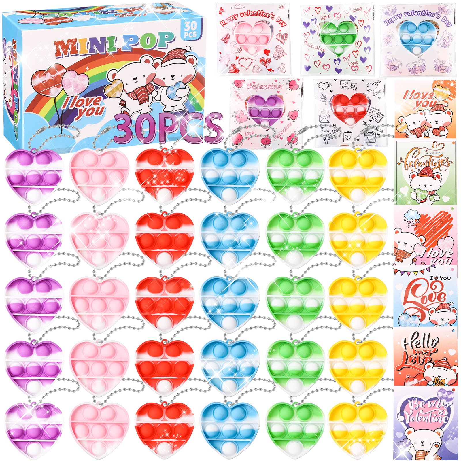 Valentines Day Gifts for Kids - 30 Pack Heart Pop Fidget Keychain Toys ...