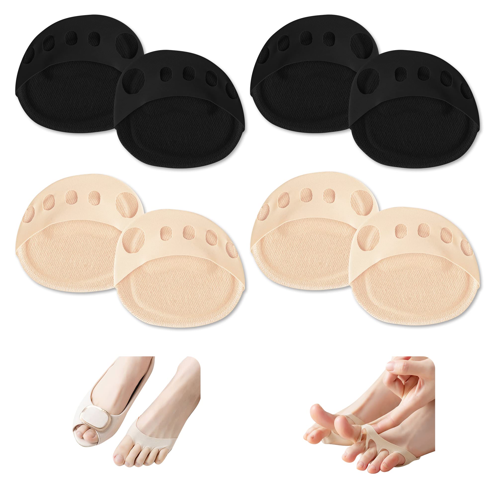 4 Pairs Ball of Foot Cushions for Women Men Shoes - Reusable Metatarsal Pads for Pain Relief - Invisible Honeycomb Fabric Forefoot Cushions - Soft Toe Pads