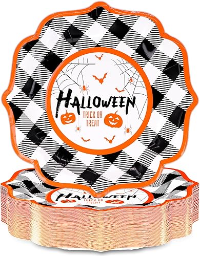 Miniatura 1 de DYLIVeS Platos de fiesta de Halloween, platos de papel desechables de calabaza y murciélagos a cuadros de Halloween, platos llanos de 9 pulgadas,