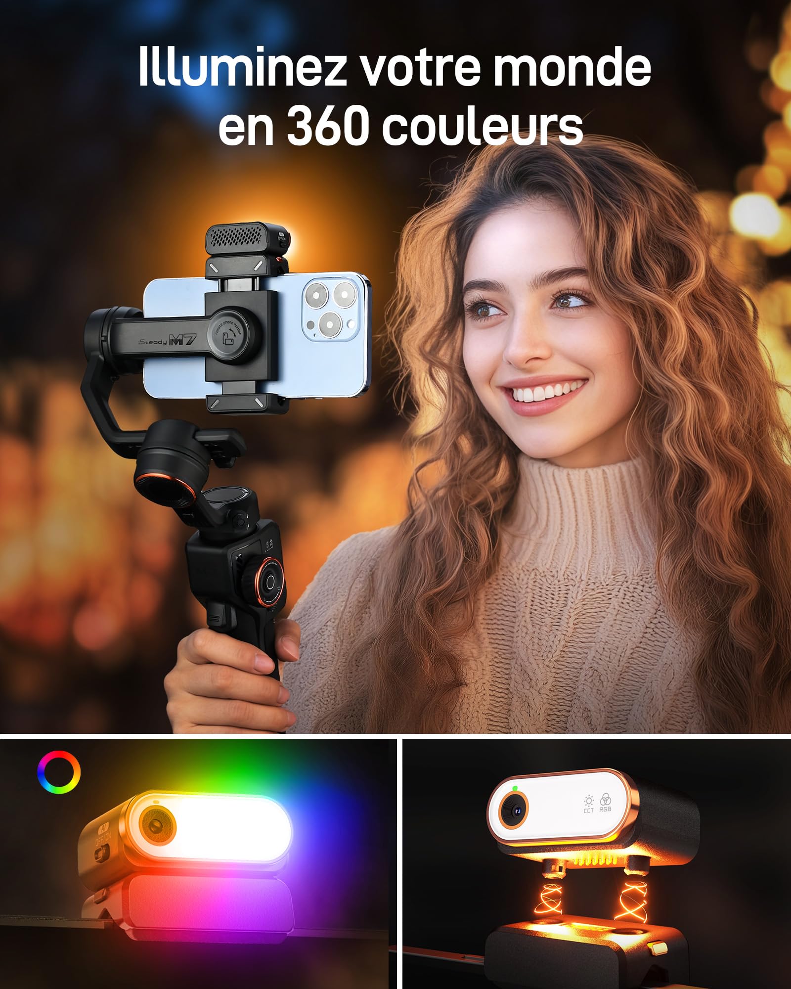 hohem iSteady M7 Gimbal Smartphone, Stabilisateur Gimbal avec Suivi AI, télécommande détachable à écran Tactile de 1,4", Tige Extensible intégrée, lumière de Remplissage, stabilisateur de téléphone