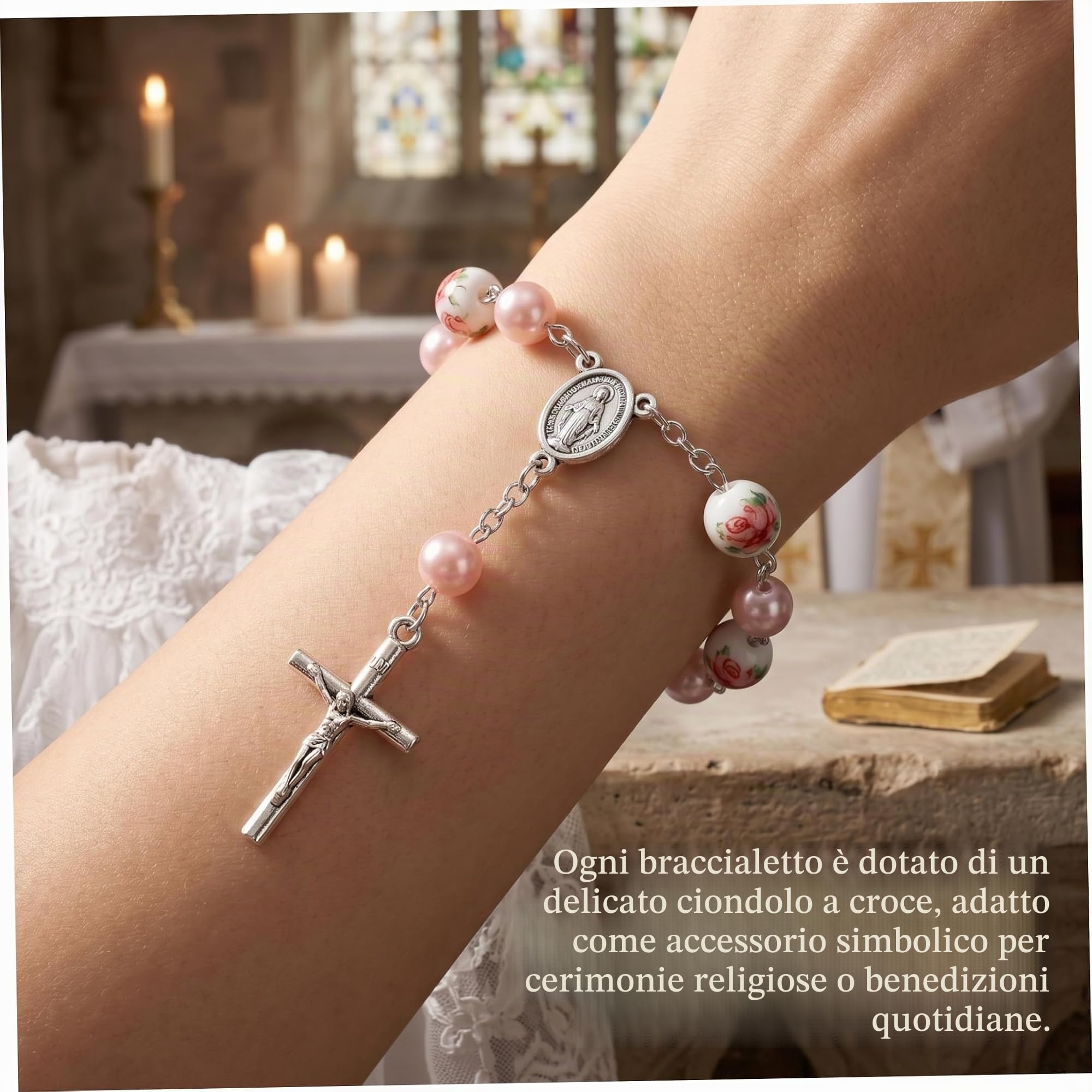 Mini Rosario, 50 Pezzi Bomboniere Rosario Battesimo Braccialetti con perline di fiori in ceramica con pendente a croce per Battesimo Matrimoni Prima Comunione, 2, 2 pollici, Mini, Bomboniere