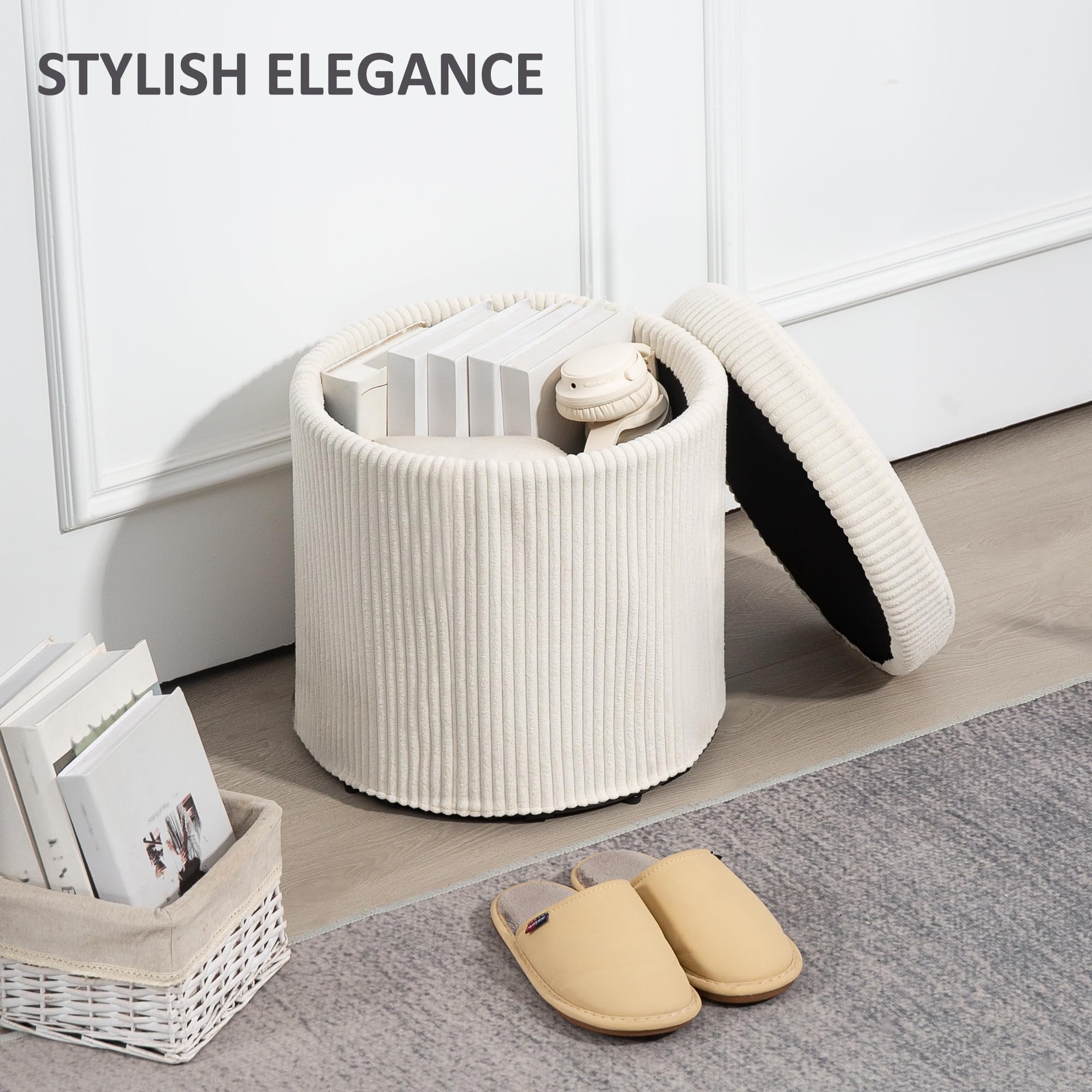 HOMCOM Pouf Rond 40cm en Velours avec Couvercle Pédestal Beige