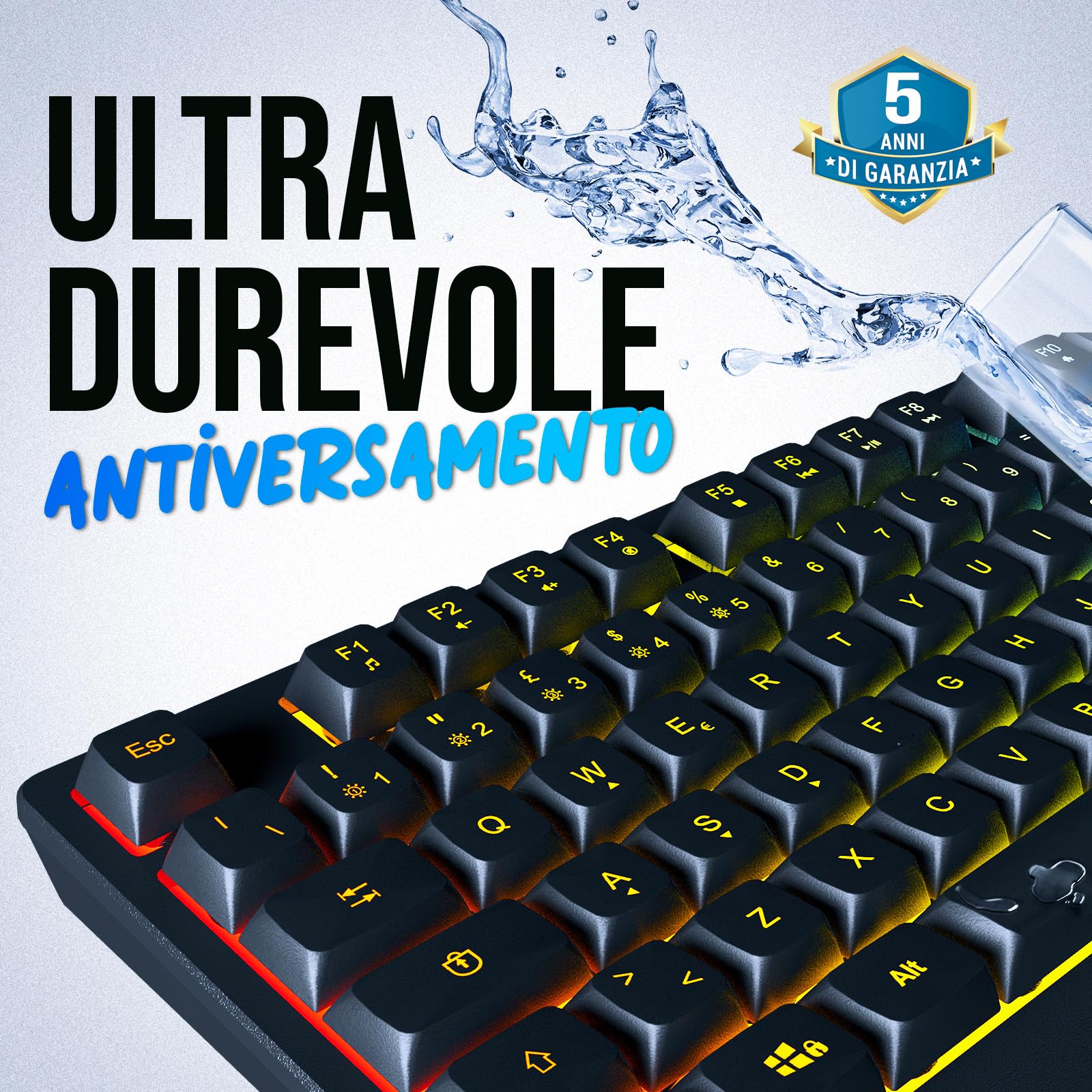 KLIM™ Chroma - Tastiera wireless per gamer QWERTZ Deutschland, sottile, durevole, ergonomica, discreta, impermeabile, silenziosa + tastiera Gamer retroilluminata per PC Mac + tastiera PS4 + nuova
