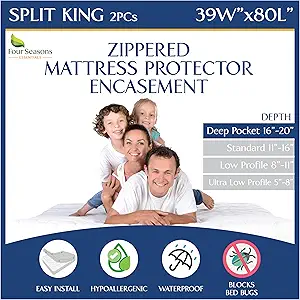 Split King Mattress Encasement 39" x 80" (2PCs Twin XL) - Waterproof Zippered Protector Hypoallergenic Premium Quality Deep Pocket Cover for Adjustable Beds and Split Mattresses (16"-20" Depth)