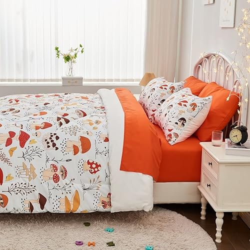 Miniatura 3 de Juego de edredón de hongos, 7 piezas en una bolsa con juego de sábanas para niños y adultos (1 edredón, 1 sábana encimera, 1 sábana bajera, 4 fundas