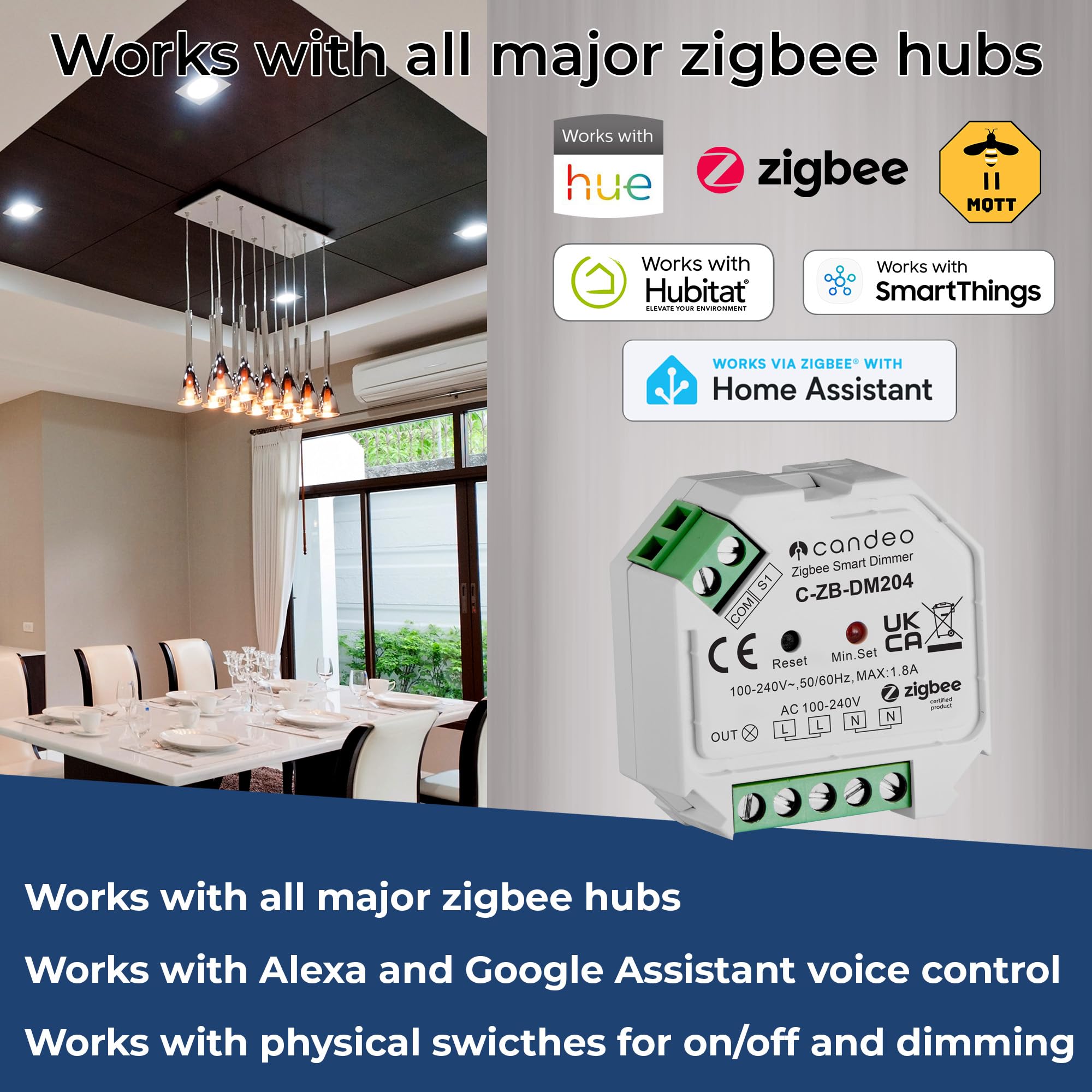 Candeo Zigbee-Dimmmodul, kein Neutralleiter erforderlich, kompatibel mit Amazon Echo, Echo Studio, Philips Hue, Smartthings, Hubitat, HomeKit