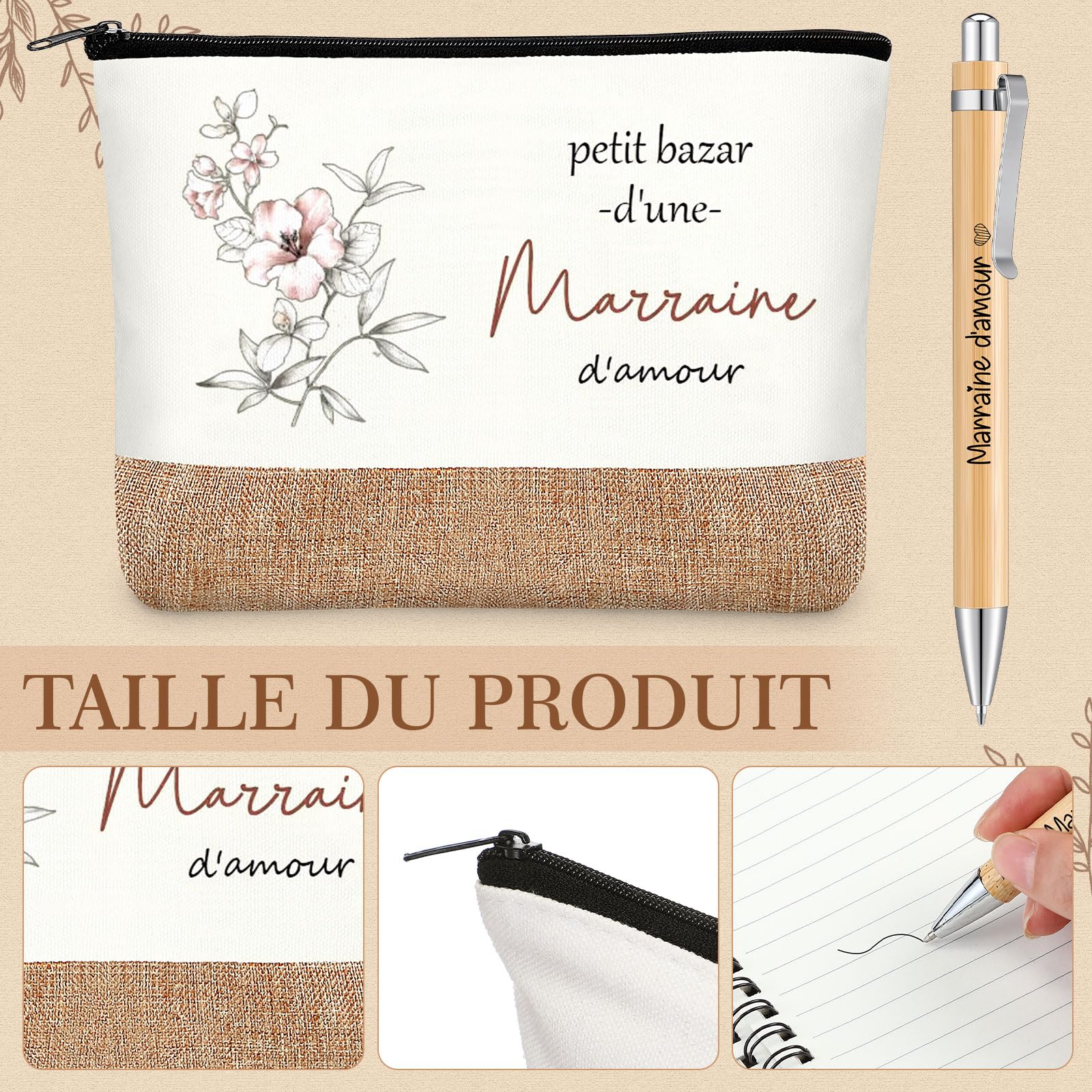 Tenare 6 Pièces Cadeaux pour Marraine Trousse de Maquillage Porte-Clés Stylo à Bille en Bois Plaque en Bois de Cœur avec Ficelle Enveloppe Cadeau Marraine pour Noël Anniversaire Baptême Communion