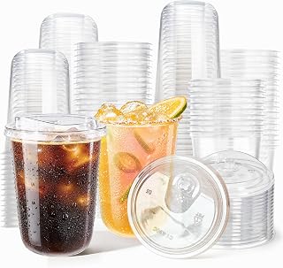 100 Pack 16 oz Round Bottom Plastic Cups with Strawless Sip Lids, Disposable Coffee Cups with Lids, To Go Iced Coffee Cups with Lids, Disposable Cups for Party, Smoothie Cup for Cold Drinks