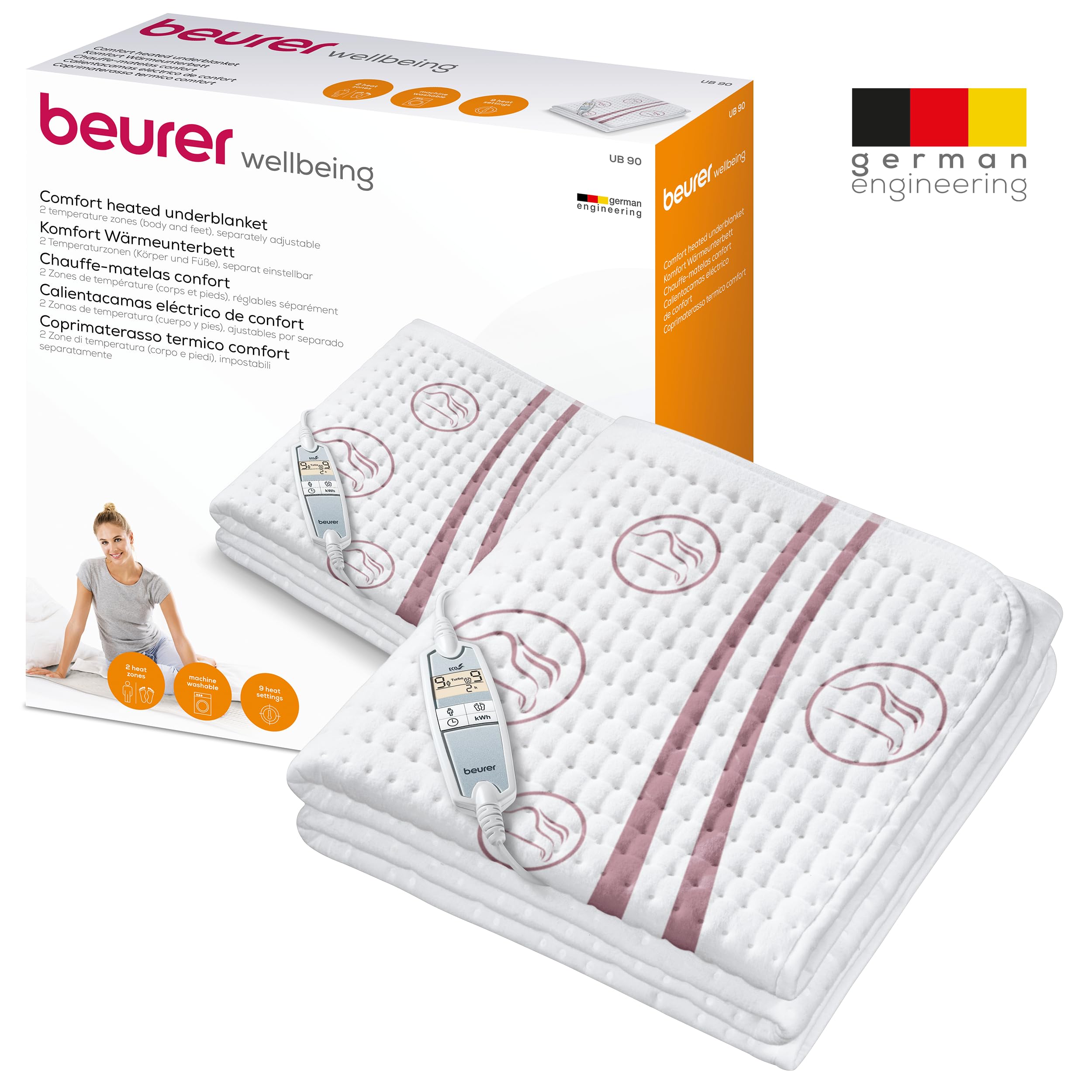 Beurer Ub 90, Coprimaterasso Termico, Scaldaletto Singolo, Riscaldamento Rapido E 2 Zone Di Temperatura Regolabili In 9 Livelli Cad, Bianco, 150 x 80 x 0.1 cm; 1.3 Kg