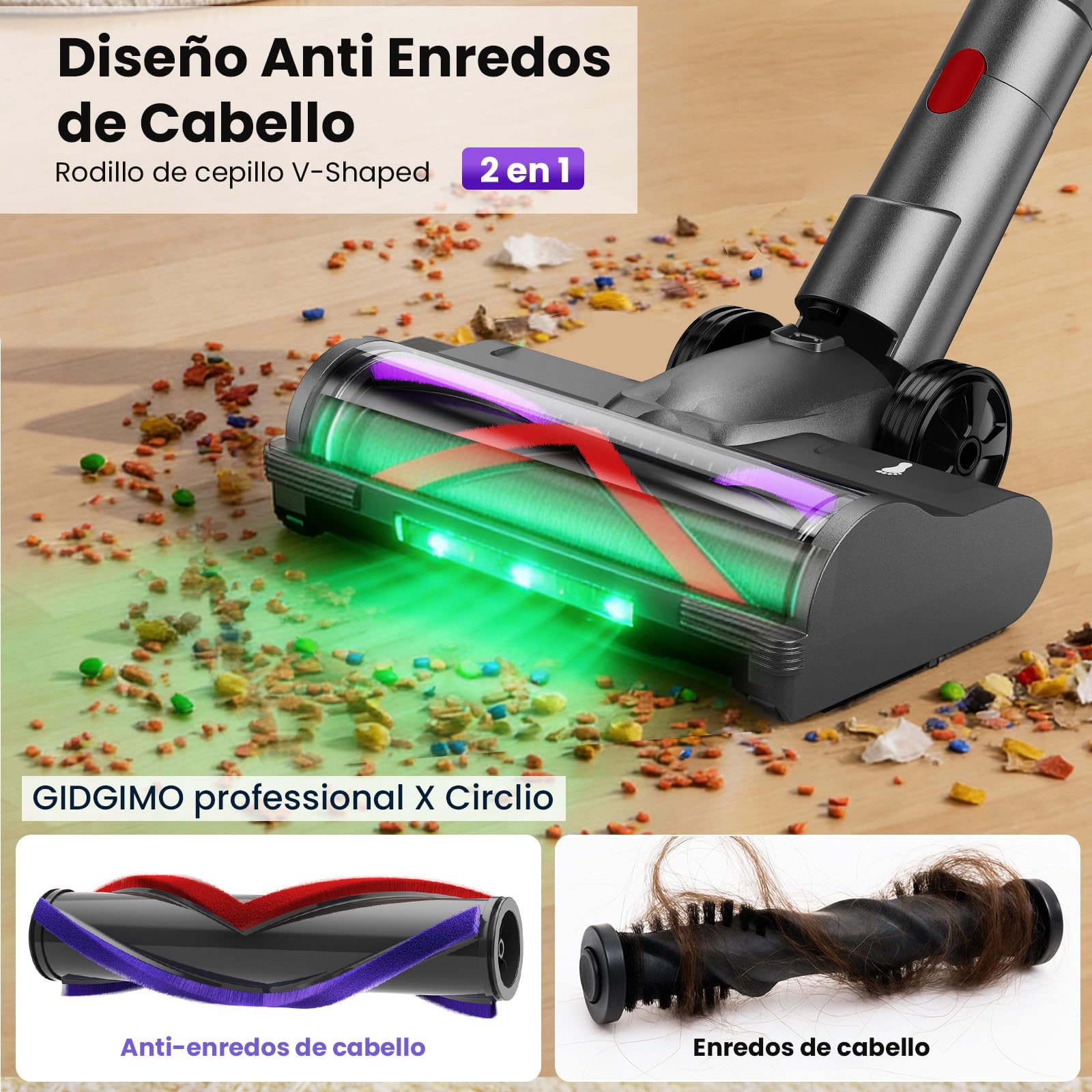 GIDGIMO professional X Circlio Aspiradora Sin Cable 58000Pa/600W/75Min, Escoba Aspiradora sin Cable de 1.6L, Pantalla LED Inteligente, Aspirador Antienredo para Suelos, Alfombras y Pelo de Mascotas