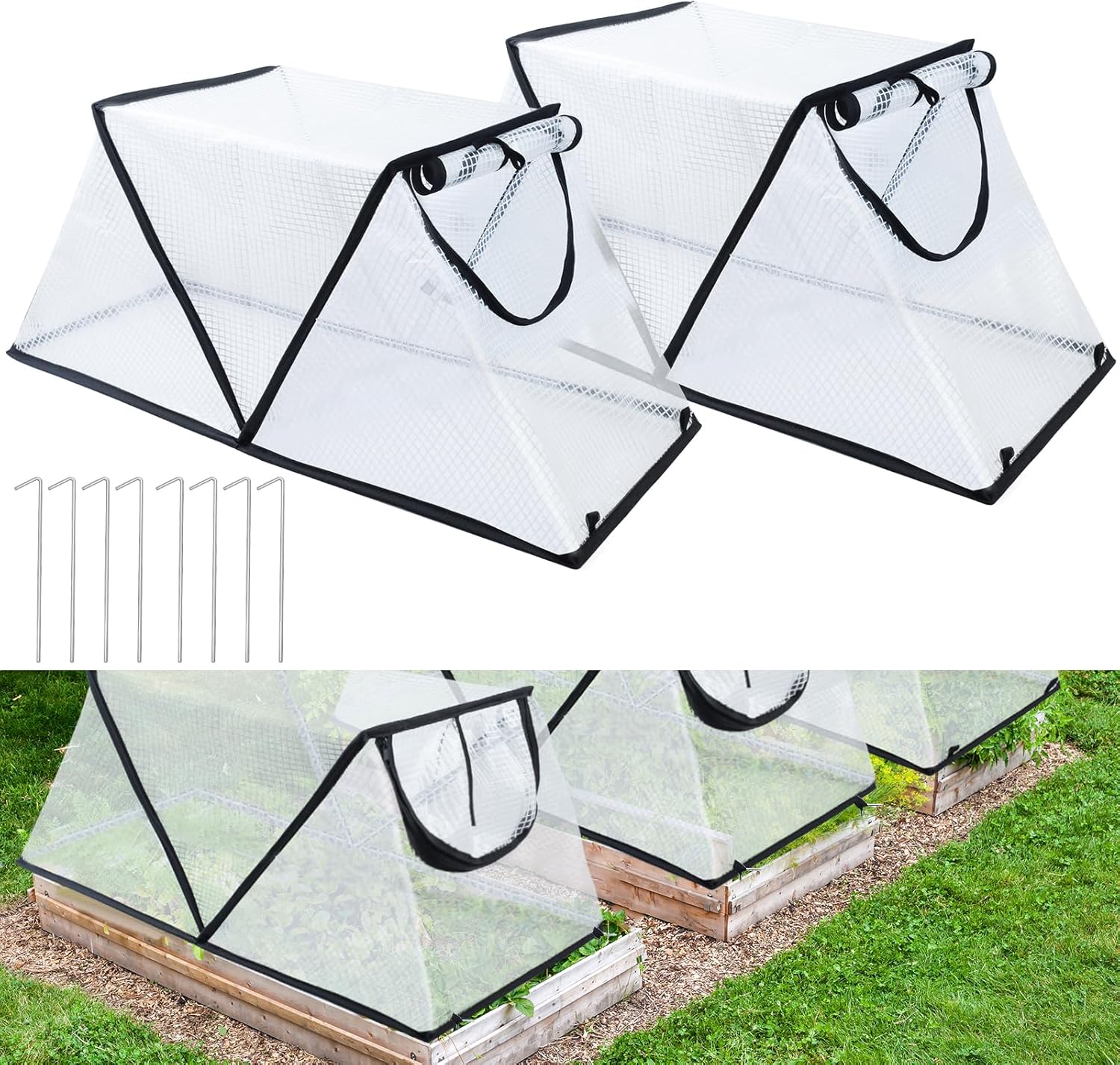 2 Pack Garden Row Accelerator Plants Cover, Foldable Raised Garden Bed Cover with Roll-up Zipper Door, Waterproof Small Greenhouse, 33x13x15 in