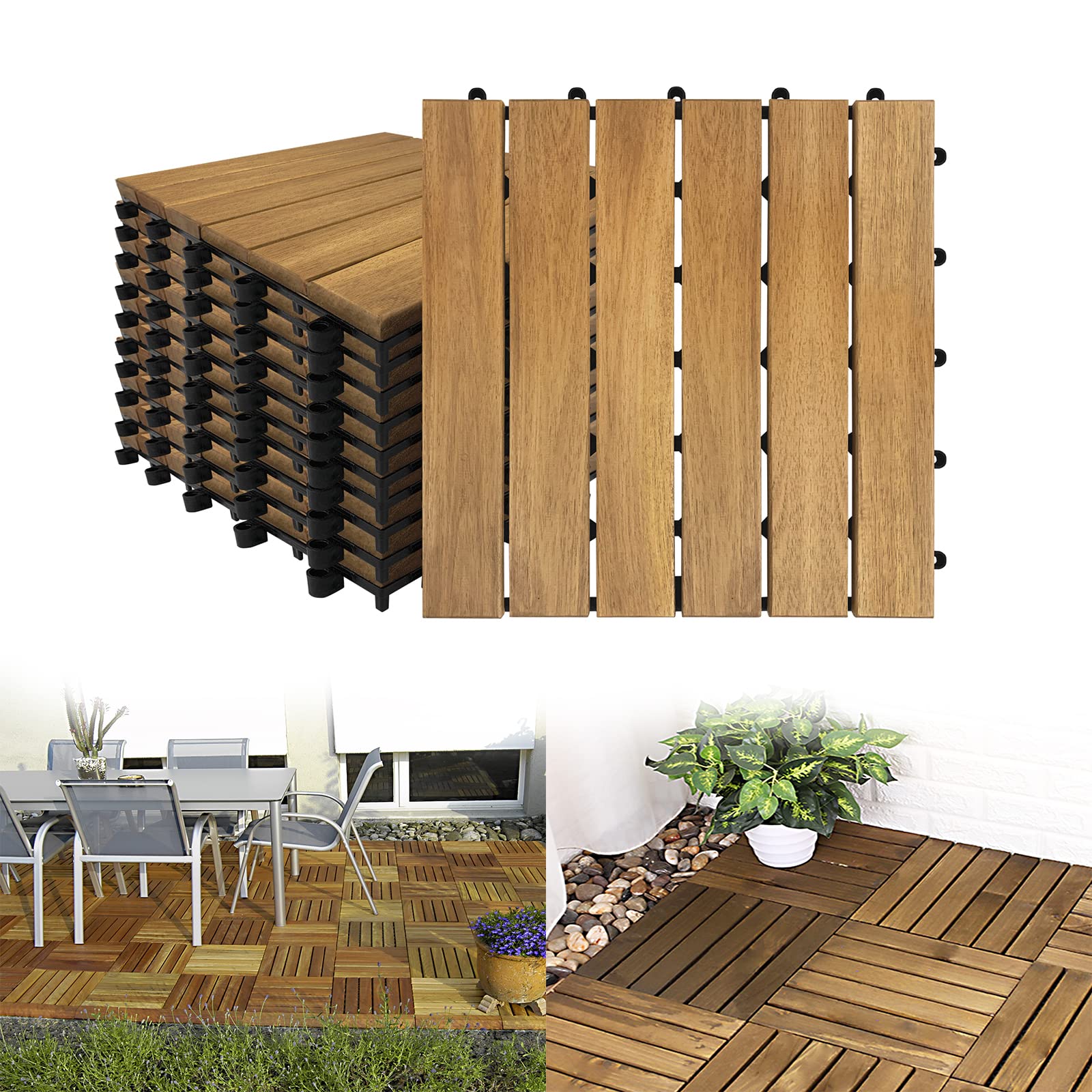 YRHome 3m² Akazienholz Holzfliesen Bodenfliese Balkon 30x30cm Balkonfliesen Terrassenfliese Klickfliese Klicksystem Bodenbelag Drainage für Terrassen Balkon Garten (Typ A, 33 Stück | 3m²)