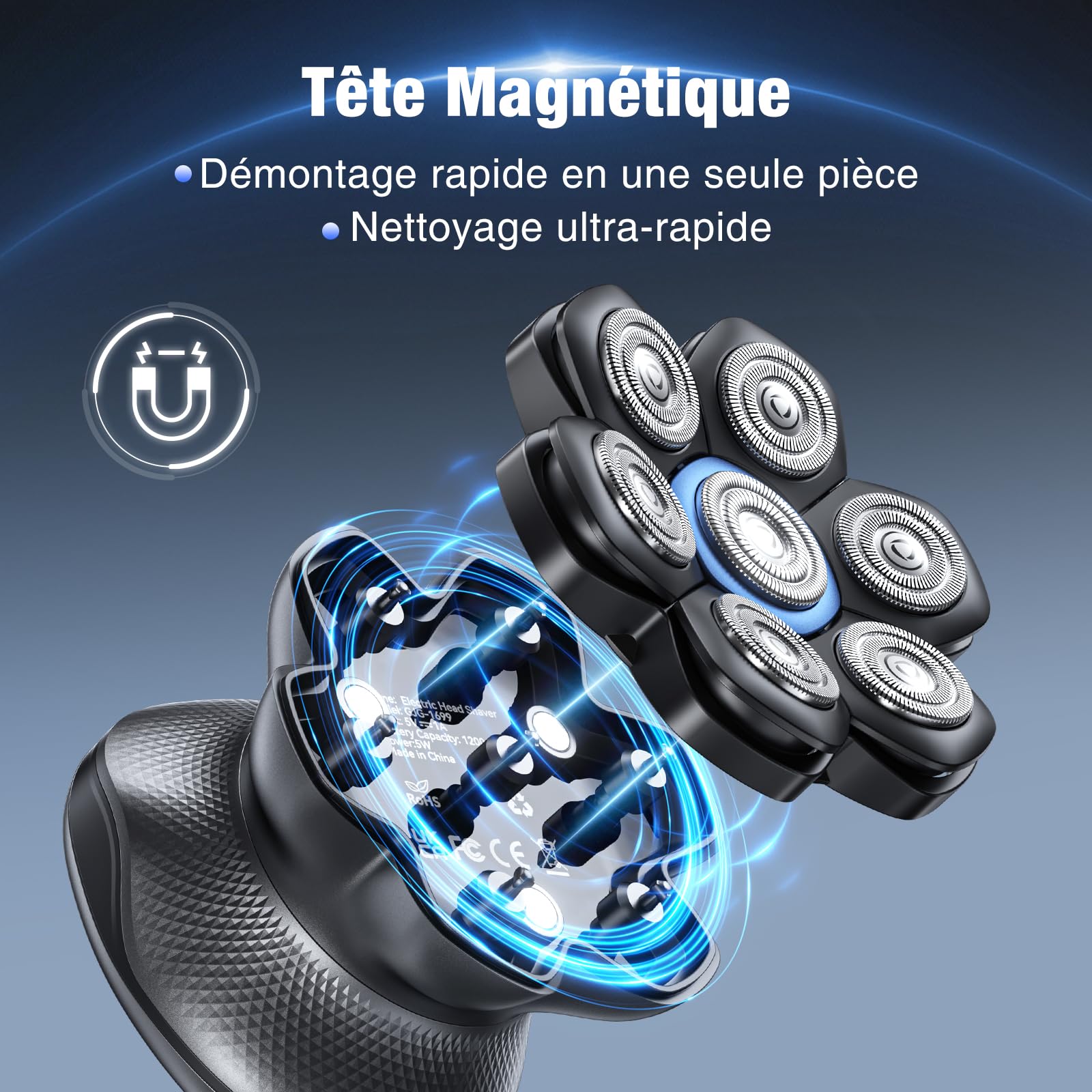 kensen Rasoir Tete Chauve Homme 7D Tondeuse Crane Chauve 90 Mins d'Autonomie 2 Vitesses Rasoir Crane Homme Chauve Étanche IPX6-Wet & Dry,USB-C,sans Fil,avec Écran LED (Noir)