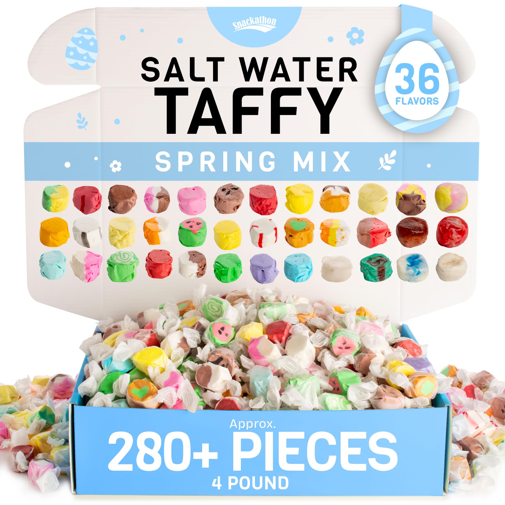 Snackathon Salt Water Taffy Individually Wrapped 36 Flavors, 4 lb Variety Snack Box, Assorted Spring Mix, Approx. 280+ Pieces, Soft & Chewy Gourmet Candy Bulk, Colorful Saltwater Taffy for Easter