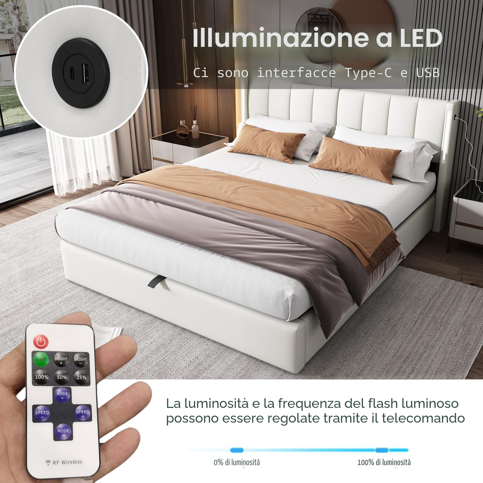 Zepneiy Letto matrimoniale con rete a doghe LED e USB, contenitore portaoggetti e testiera regolabile, imbottito con telaio 160x200 (senza materasso)