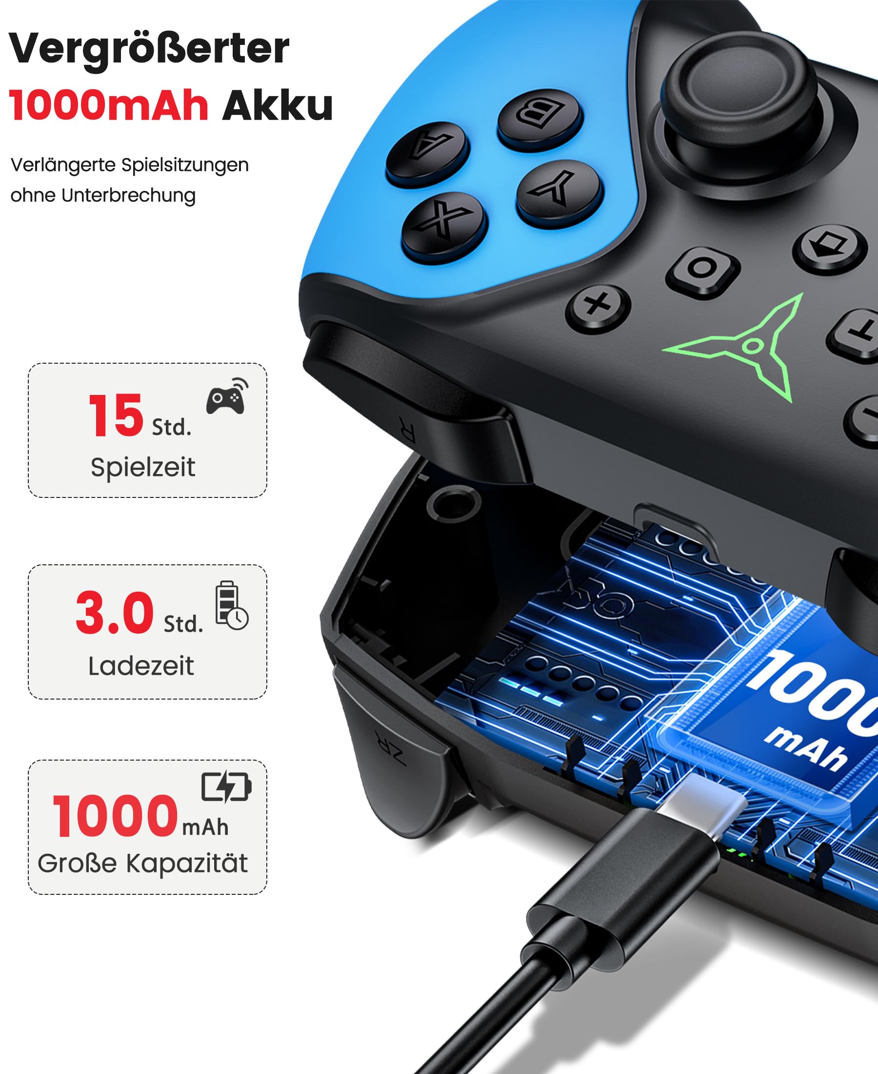 HASACOOL Kabelloser Switch Controller für Nintendo Switch 2/Switch/OLED/Lite/PC/Android/iOS, Switch Pro Controller mit programmierbarer Back-Tasten, Turbo, Wake-up, Gyro, 1000mAh-2er Set mit Ständer