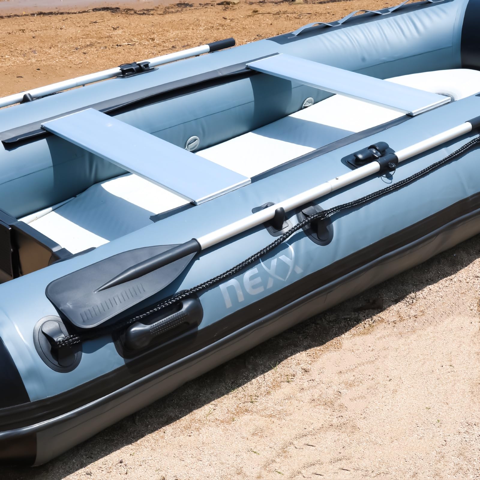 Barca sportiva professionale, gommone per pescatore, NEXX 330 cm con fondo in gomma - Canotto da pesca con borsa da trasporto, grigio chiaro - incl. 2 remi e kit di riparazione