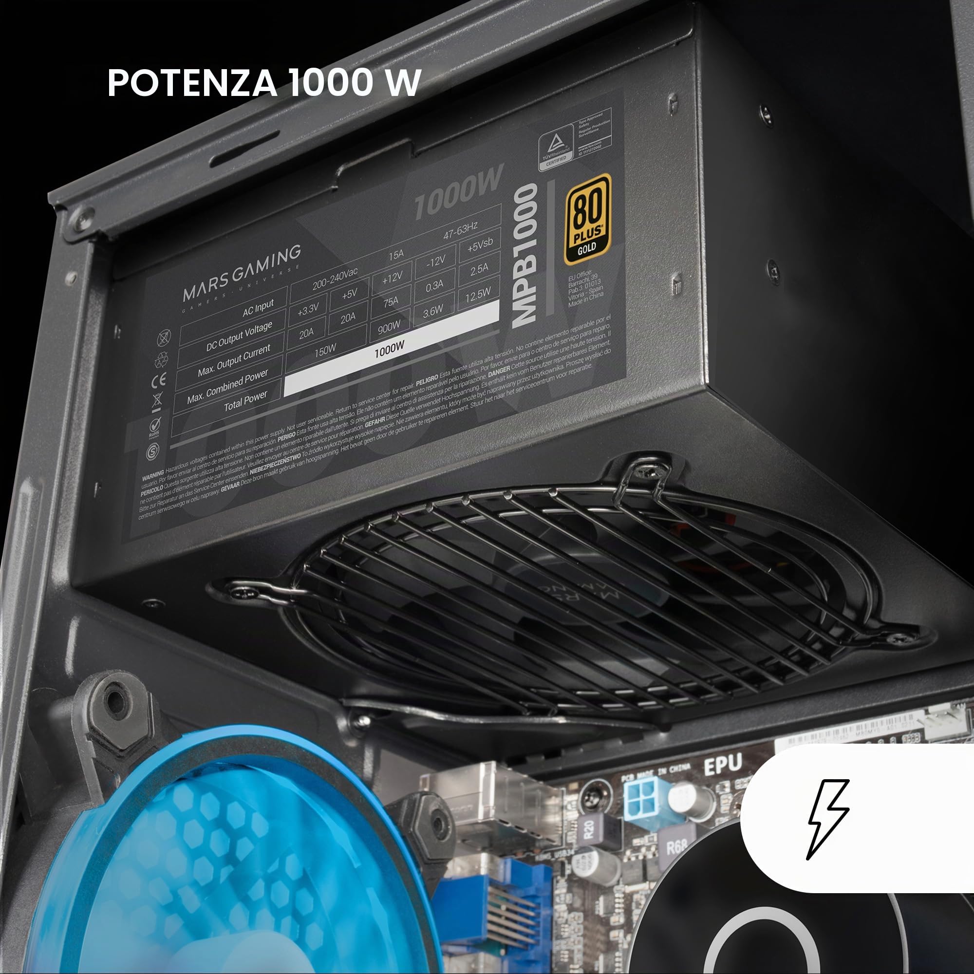 Mars Gaming MPB1000, Alimentatore PC 1000W ATX, 80Plus Gold, 90% Di efficienza, Ventola da 120 mm con Tecnologia SilentRPM Ultrasilent, Sistema PFC Attivo, Nero e Rosso