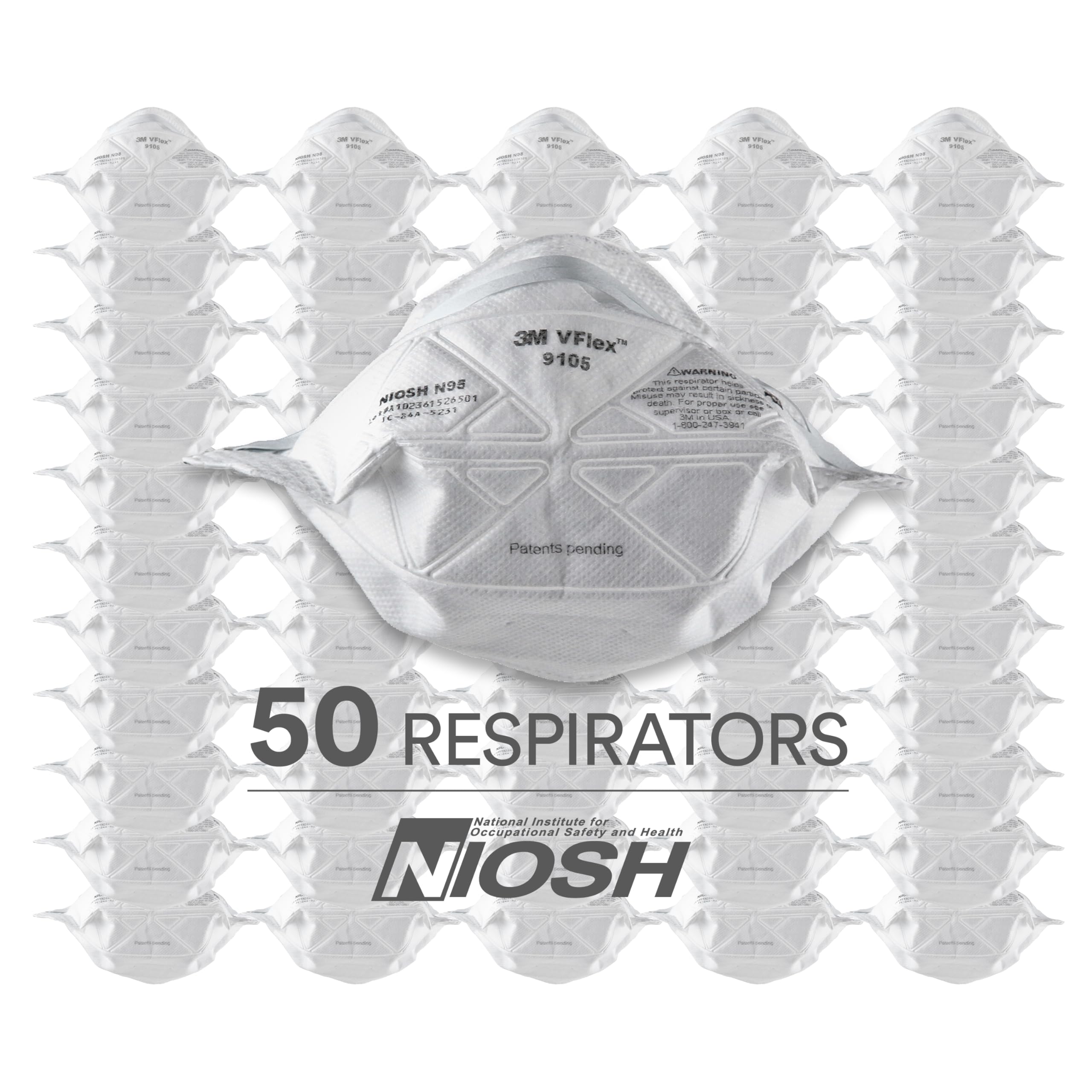 N95 Disposable Respirator, Pack of 50, Standard Size, NIOSH Approved, VFlex Particulate Respirator 9105, For Sweeping, Sanding, Grinding, Sawing, Bagging, Dust