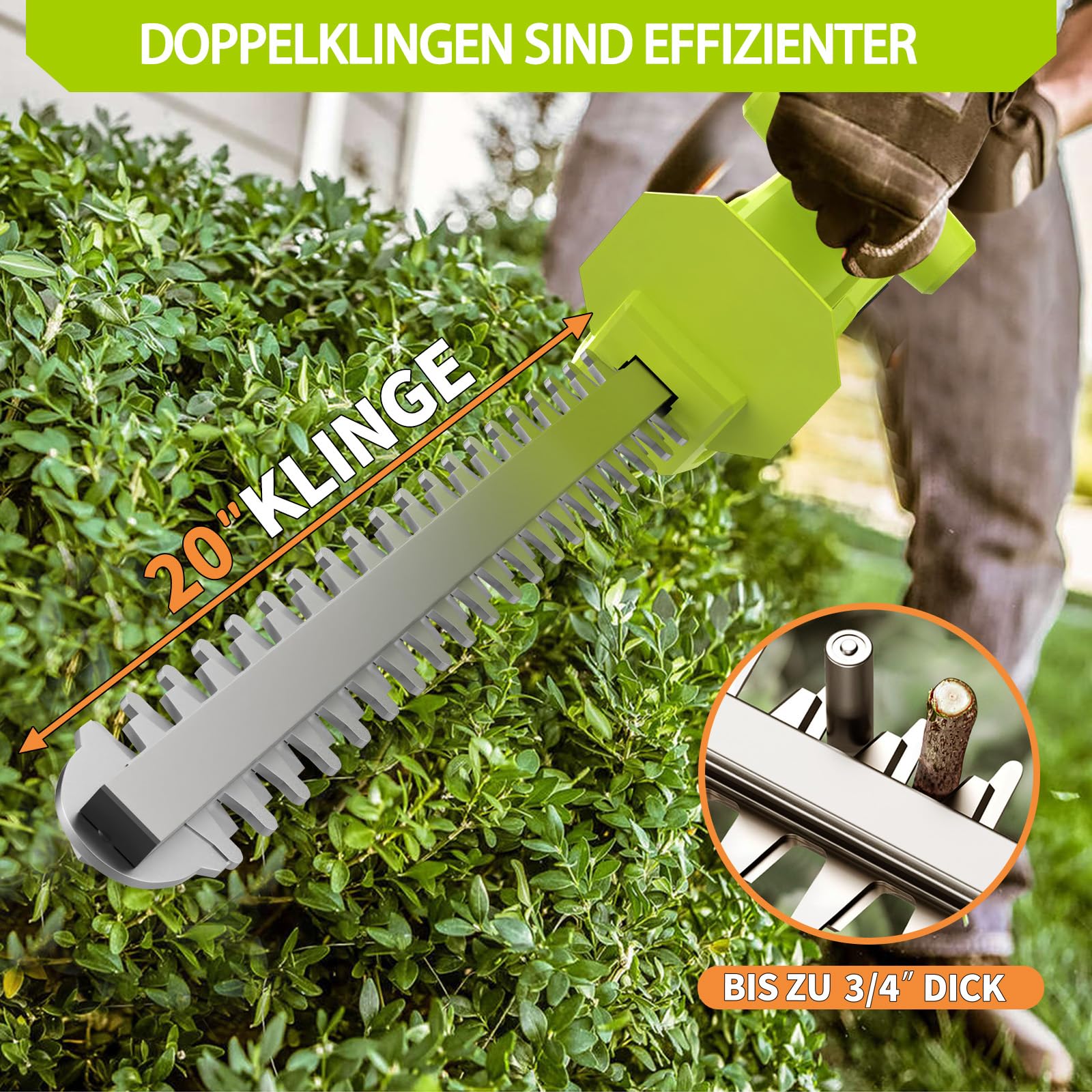 Cortasetos inalámbrico VOERJIA de 20 Pulgadas, 2 baterías de 2000 mAh, 21 V, Cuchilla de Doble acción de 50 cm, 750 W para jardín, arbustos y Plantas de Borde.