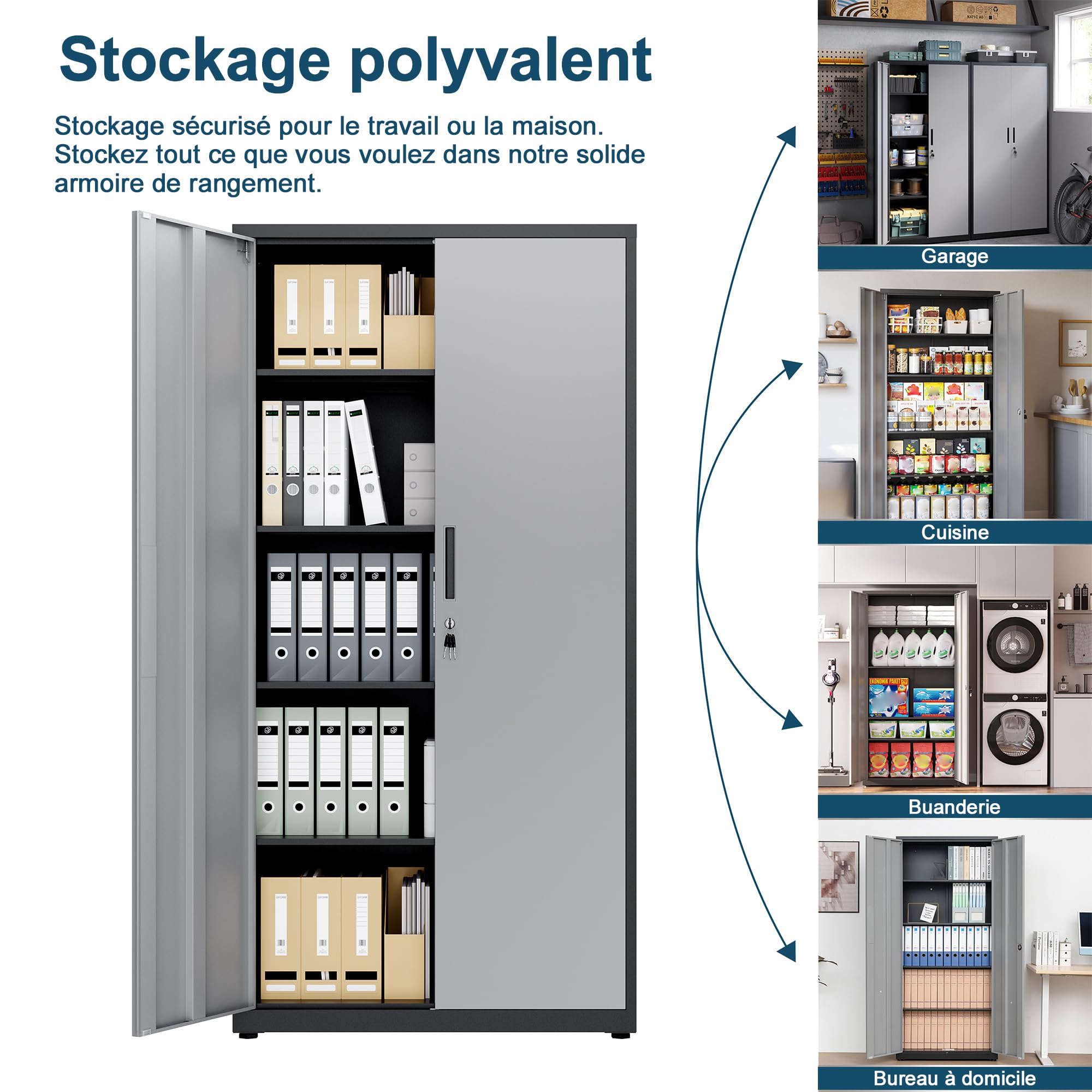 Armoire de Rangement en Métal, de Garage verrouillable avec 5 Étagères, Armoire de Bureau avec étagères Réglables, pour Le Bureau, Le Garage et la Buanderie, Noir Argent