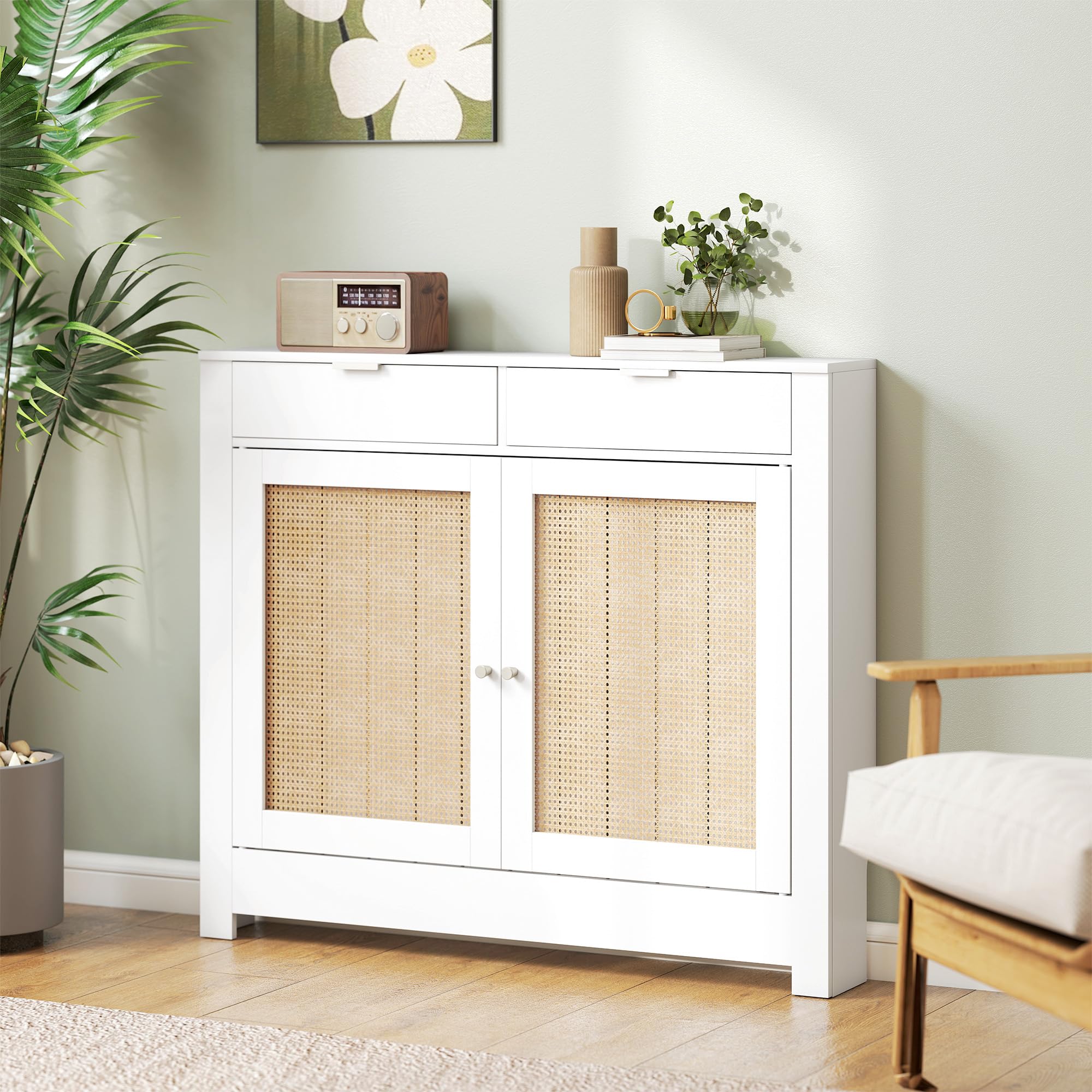 HOMCOM Cubre Radiadores con Puerta Abatible y Ratán 111x19x95,5 cm Blanco | Cubreradiador de MDF, Cubierta para Radiador, Compartimento, Diseño Bohemio, para Salón, Dormitorio