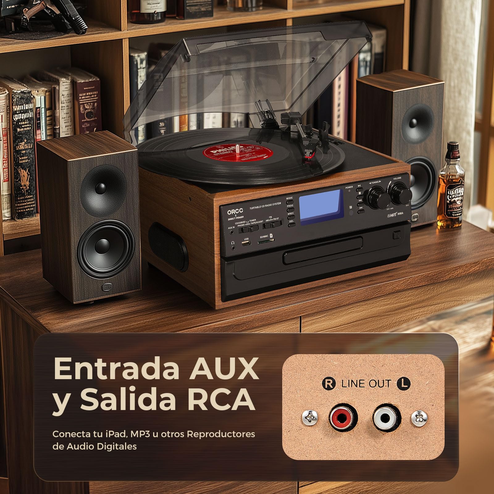 ORCC Tocadiscos Bluetooth 10 en 1 para discos de vinilo con altavoz, casete de CD de vinilo AUX a MP3 USB/SD codificación convertido, radio, conector de auriculares, RCA, control remoto