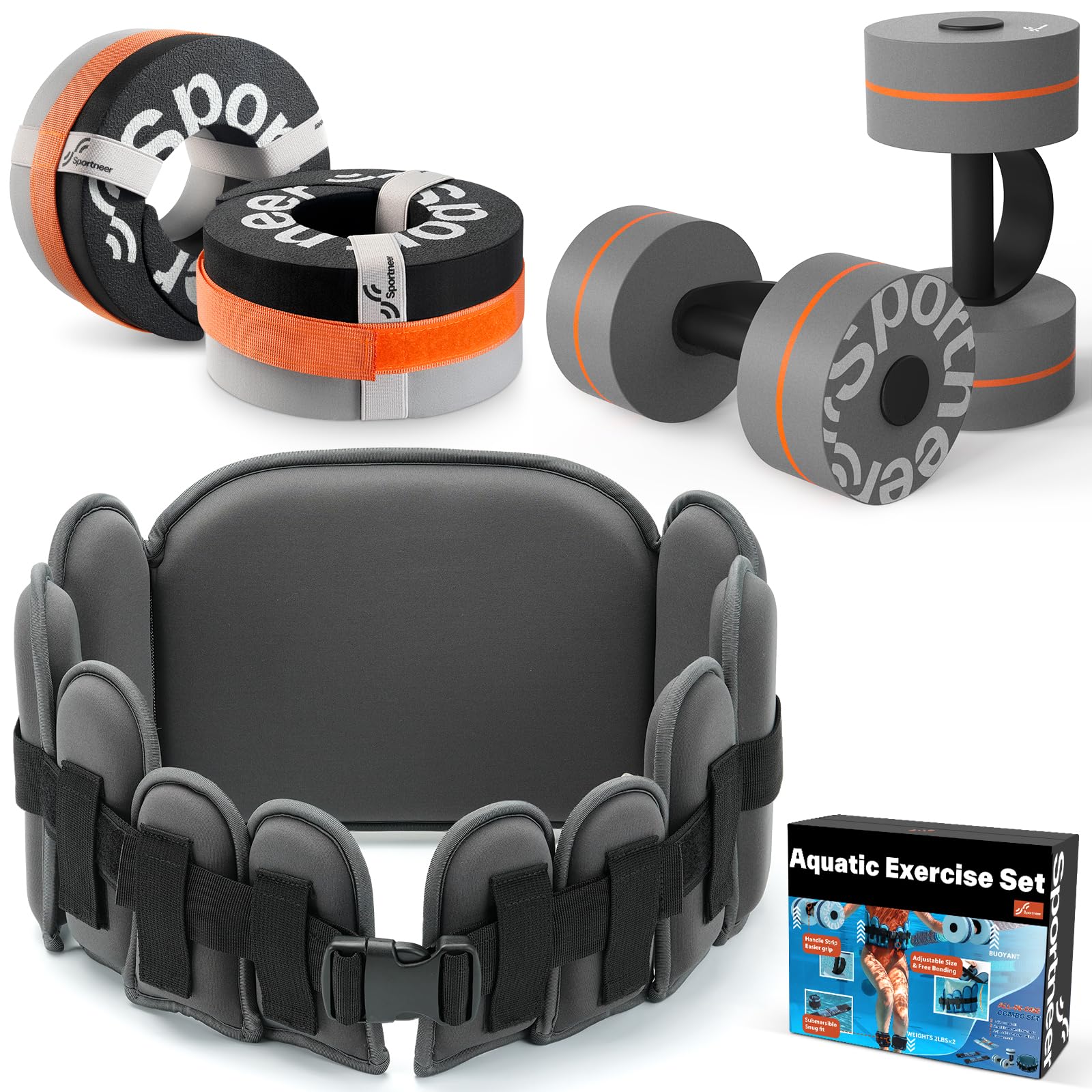 Sportneer Water Aerobics Pool Exercise Equipment Water Workout Combo Set Includes High Density Water Dumbbell Aqua Belt Water Ankle Weights for Aquatic Therapy Pool Fitness Water Exercise
