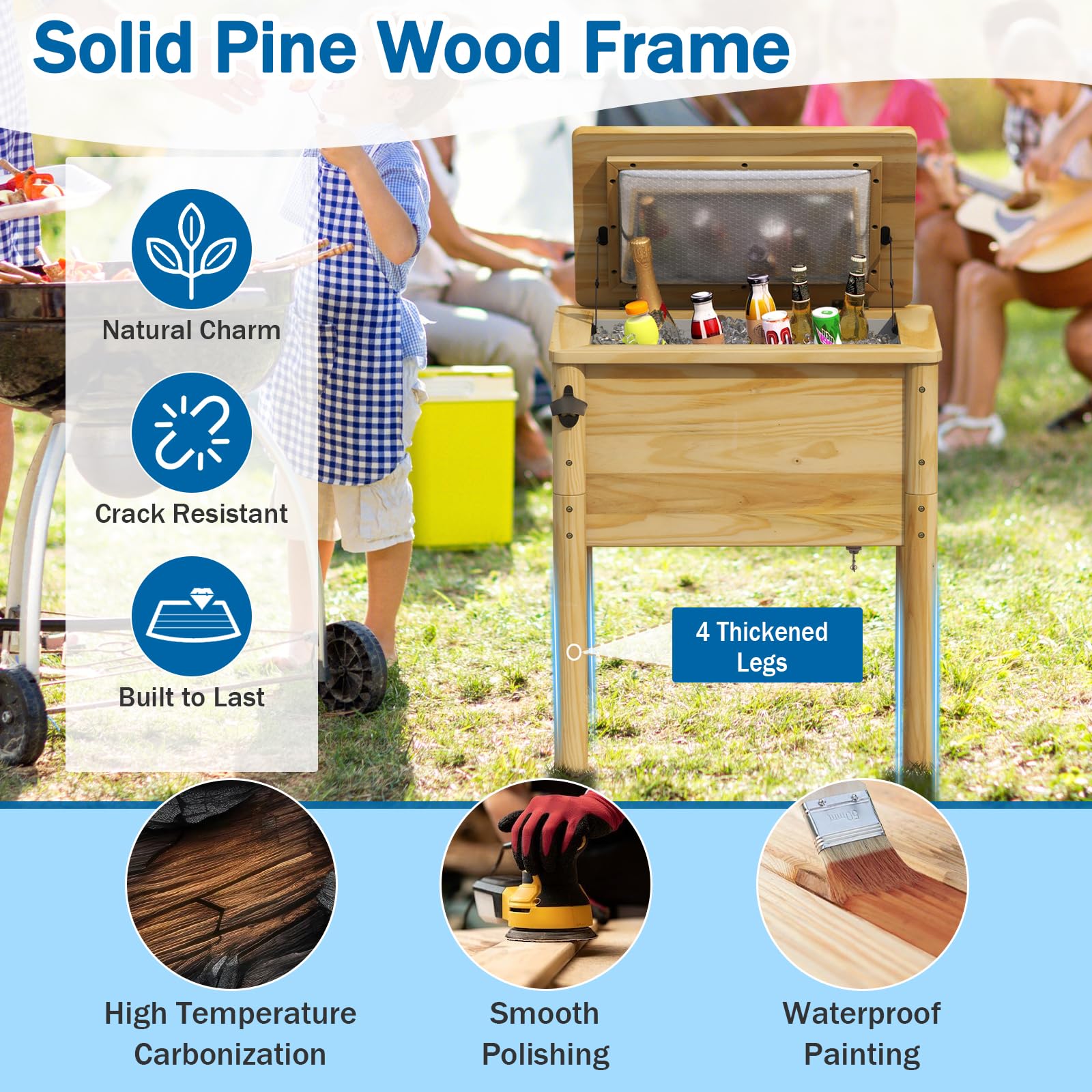 SOARS Frigorifero per rotelle, 51 l, bar all'aperto mobile 67 x 47 x 74 cm, tempo di mantenimento 2-4 ore, materiale in legno di pino solido, per giardino, terrazza, piscina, bistrot, naturale