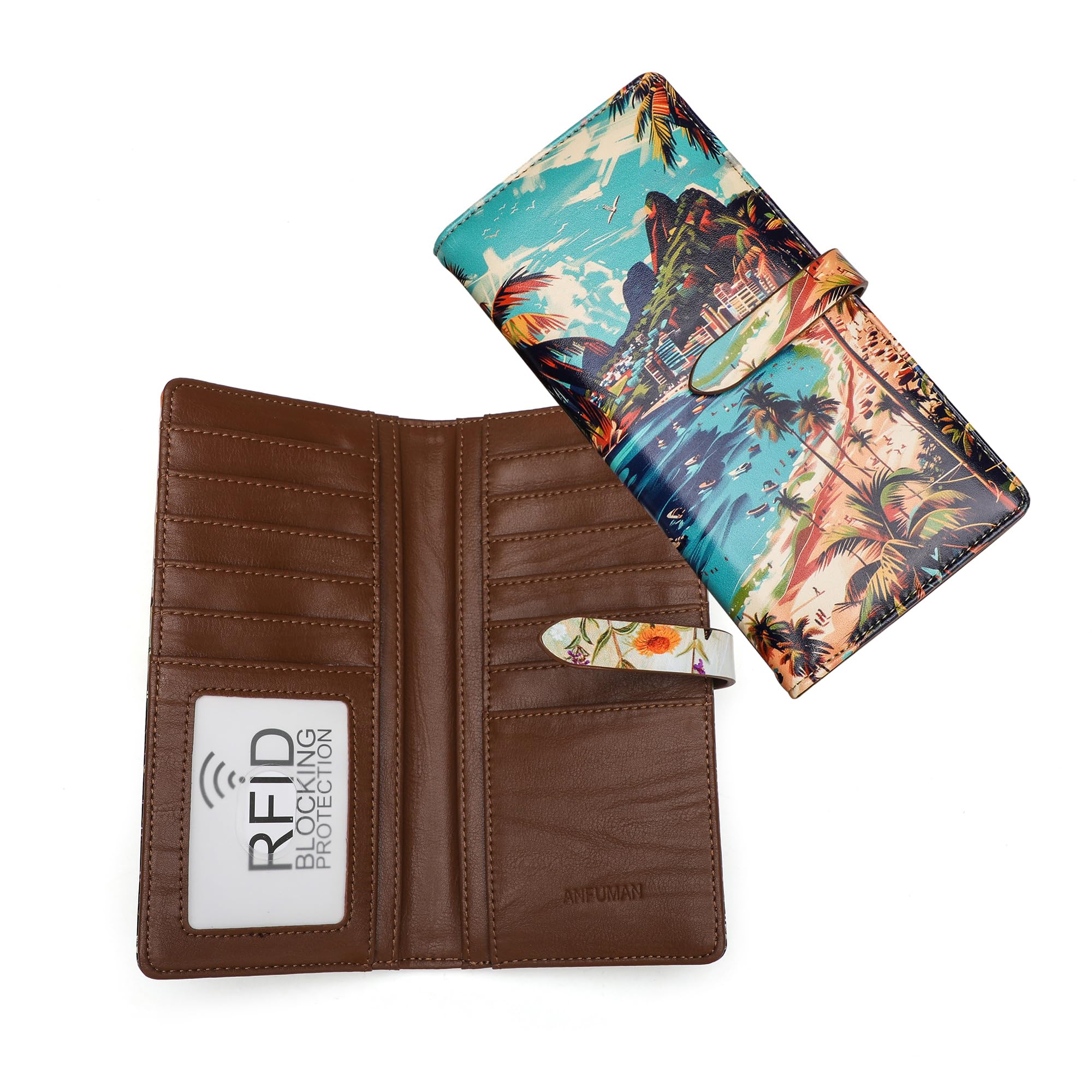 ANFUMAN Slim Wallets for Women Credit Card Holder RFID Bifold Clutch Long Ladies Billfold Wallets with Zipper Coin Pocket ID Window Beach