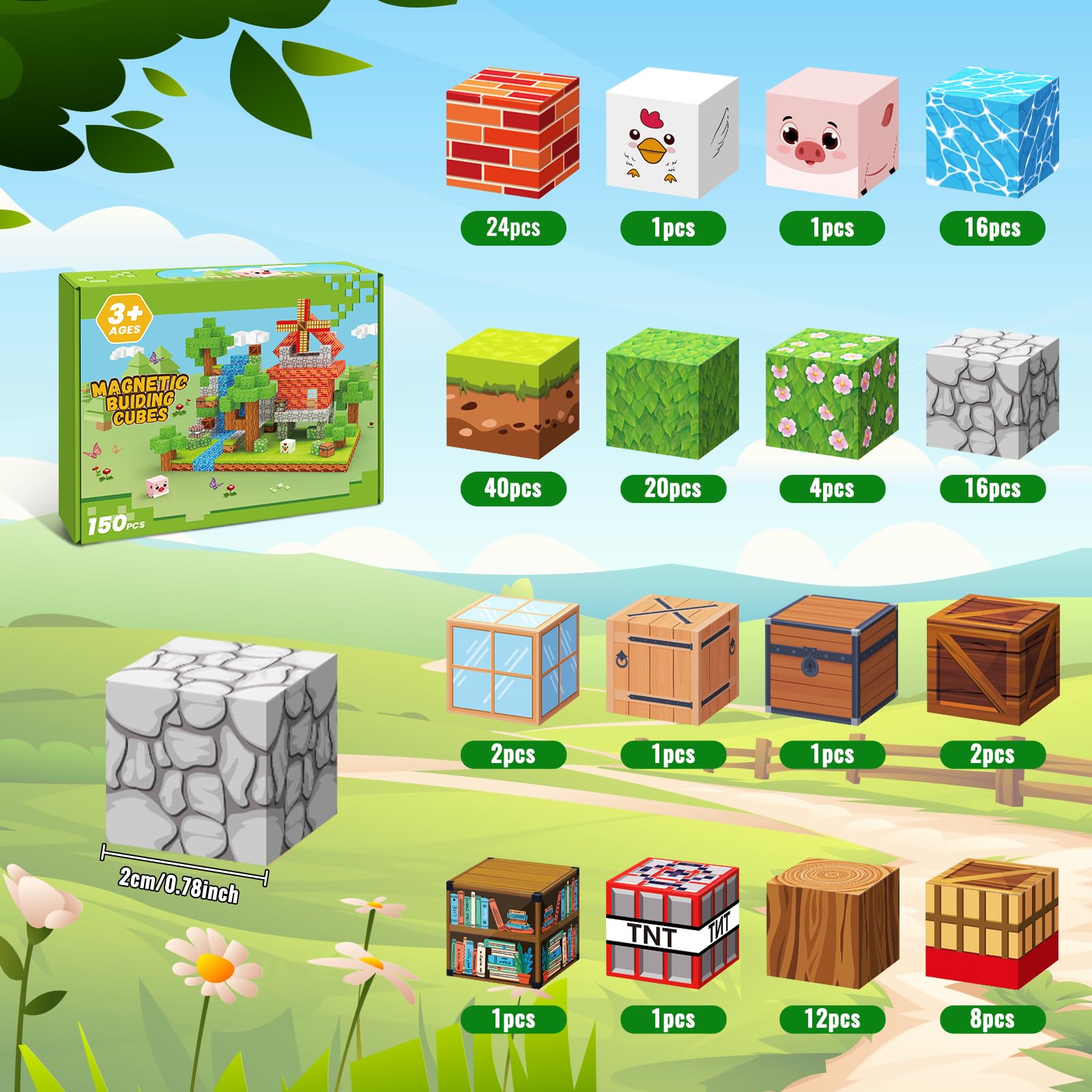 Costruzioni Magnetiche per Bambini 150 Pezzi 2CM, Cubi Magnetici per Bambini con Fattoria e Mulino a Vento, Giocattoli Montessori dai 3 ai 9 Anni Regali per Ragazzi e Ragazze