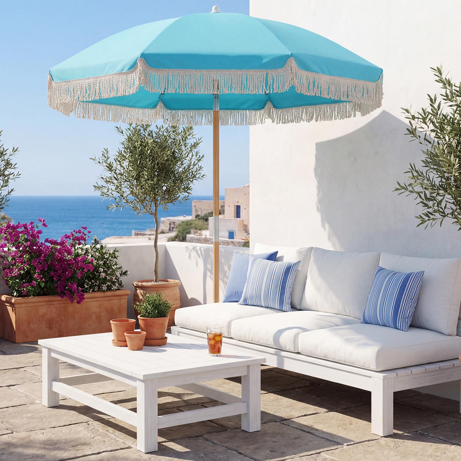COSTWAY Ombrellone da Spiaggia 180 cm, Inclinabile Regolabile 30°, Palo in Legno, 8 Stecche in Fibra di Vetro, Ombrellone per Giardino, Piscina, Terrazza (Blu)