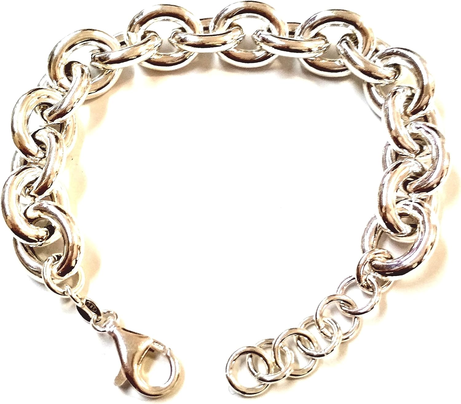 Real 925 Sterling Silver 13x15mm Very Large Links, 3.5mm Thick Hollow Rolo Cable Oval Chain Bracelet. Women, Men, Unisex. Adjustable with One Inch Extender.