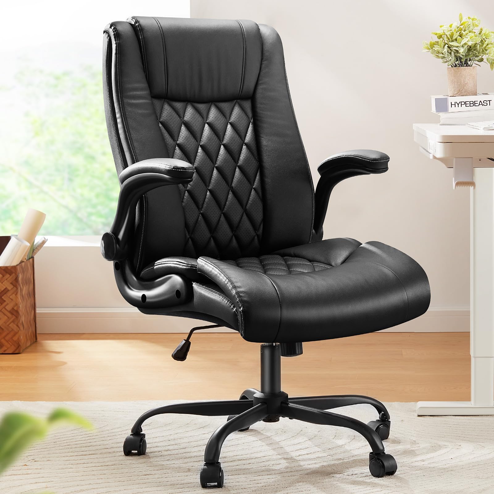 Marsail Executive Office Chair with PU Leather & Flip-up Armrests,Ergonomic Office Chair with Tilt Function Height-Adjustable Swivel Rolling for Home Office Working
