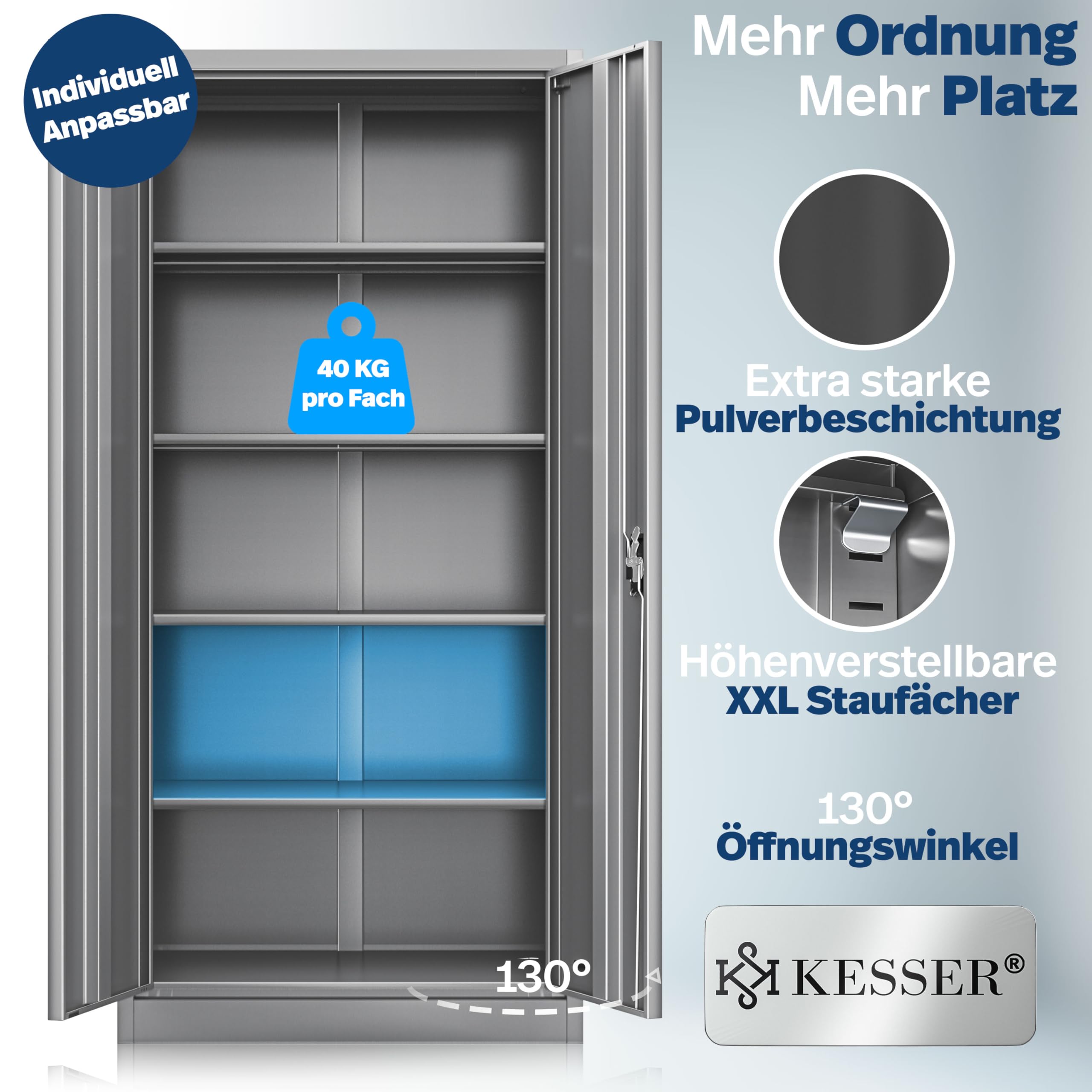 KESSER® Armadietto con serratura con ante a battente, 180 x 80 x 40 cm, in acciaio con 4 ripiani regolabili in altezza, 5 scomparti flessibili, max. 40 kg per scomparto, incluse 2 chiavi