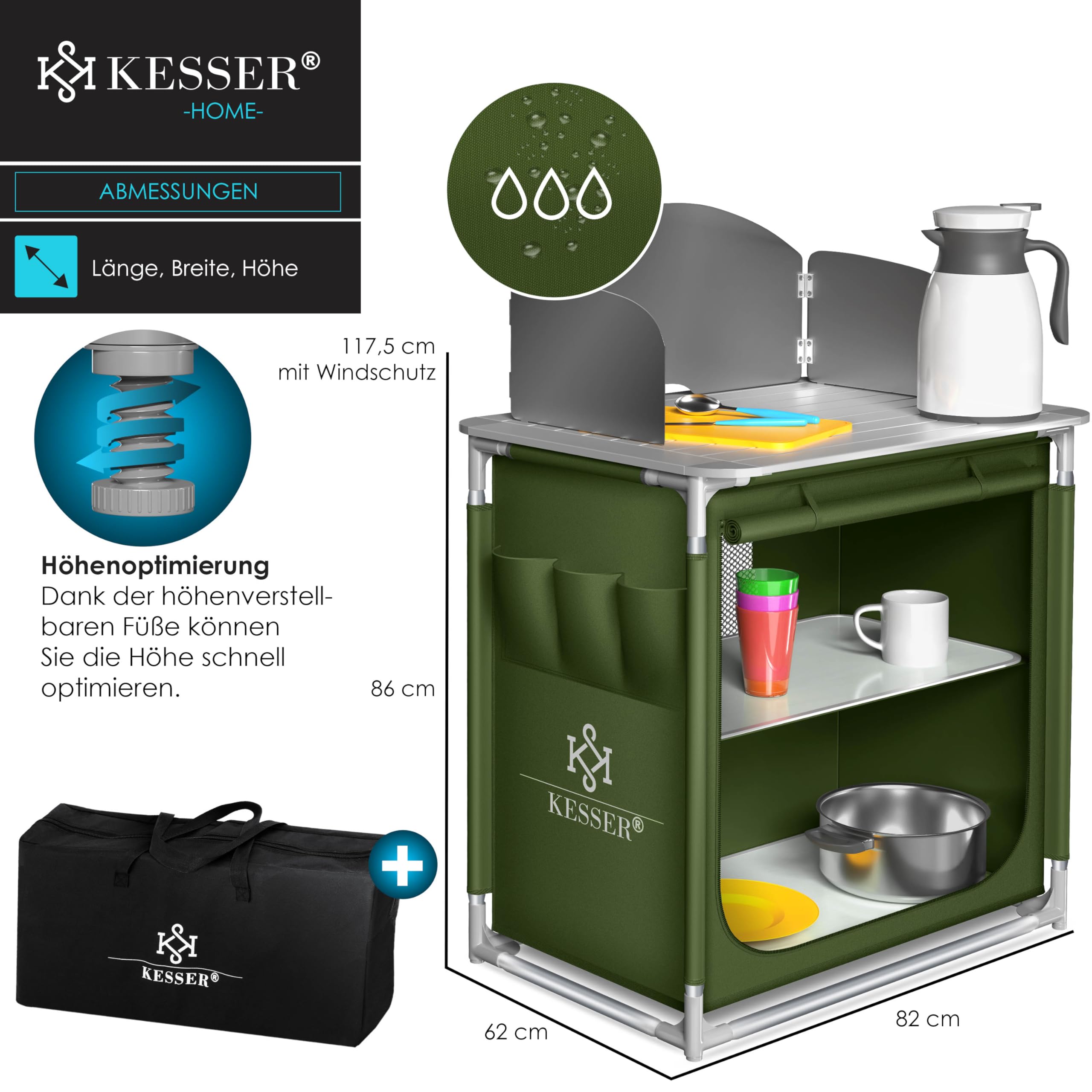KESSER® Cucina da Campeggio, Armadietto da Campeggio Pieghevole con Borsa per Trasporto e Set di Bicchieri, Struttura in Alluminio