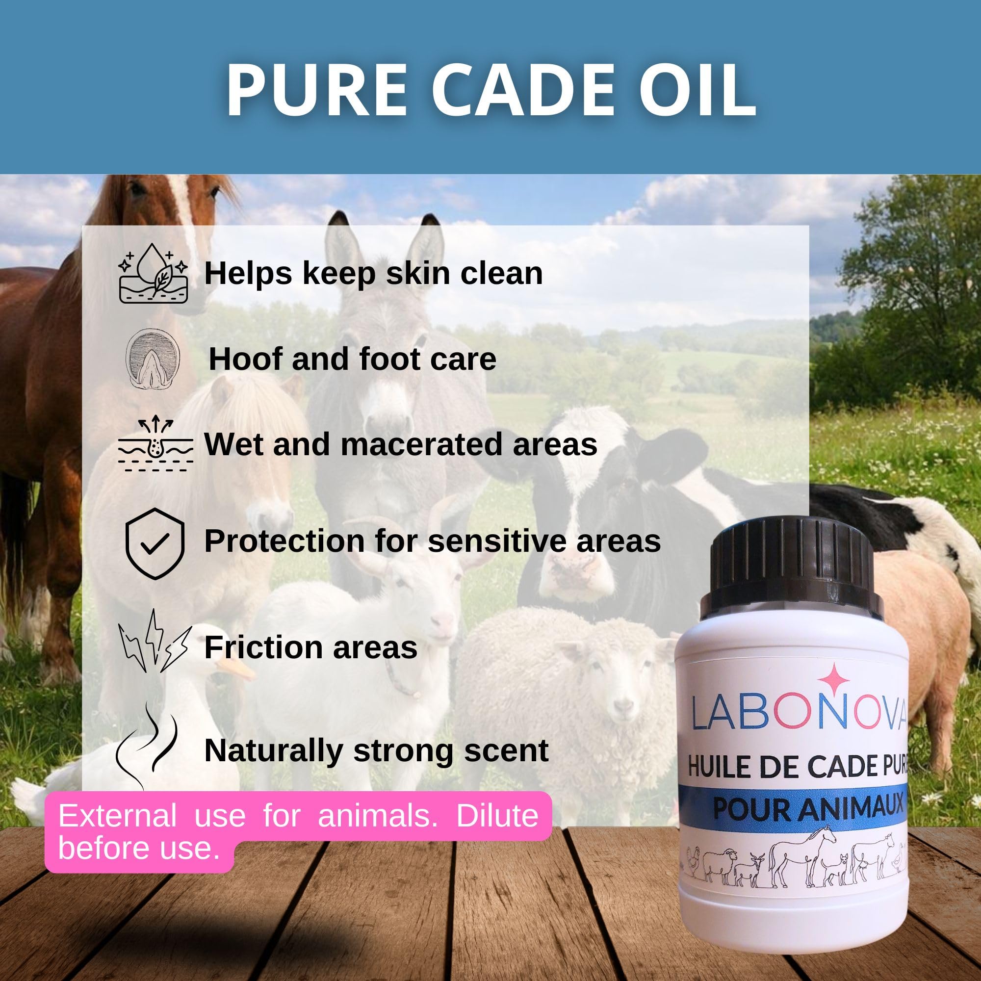 Huile de Cade Pur pour Animaux - Soins des Sabots, Pieds, Peaux - Cheval, Poule, Canard, chèvre, Mouton, âne, Vache 250g