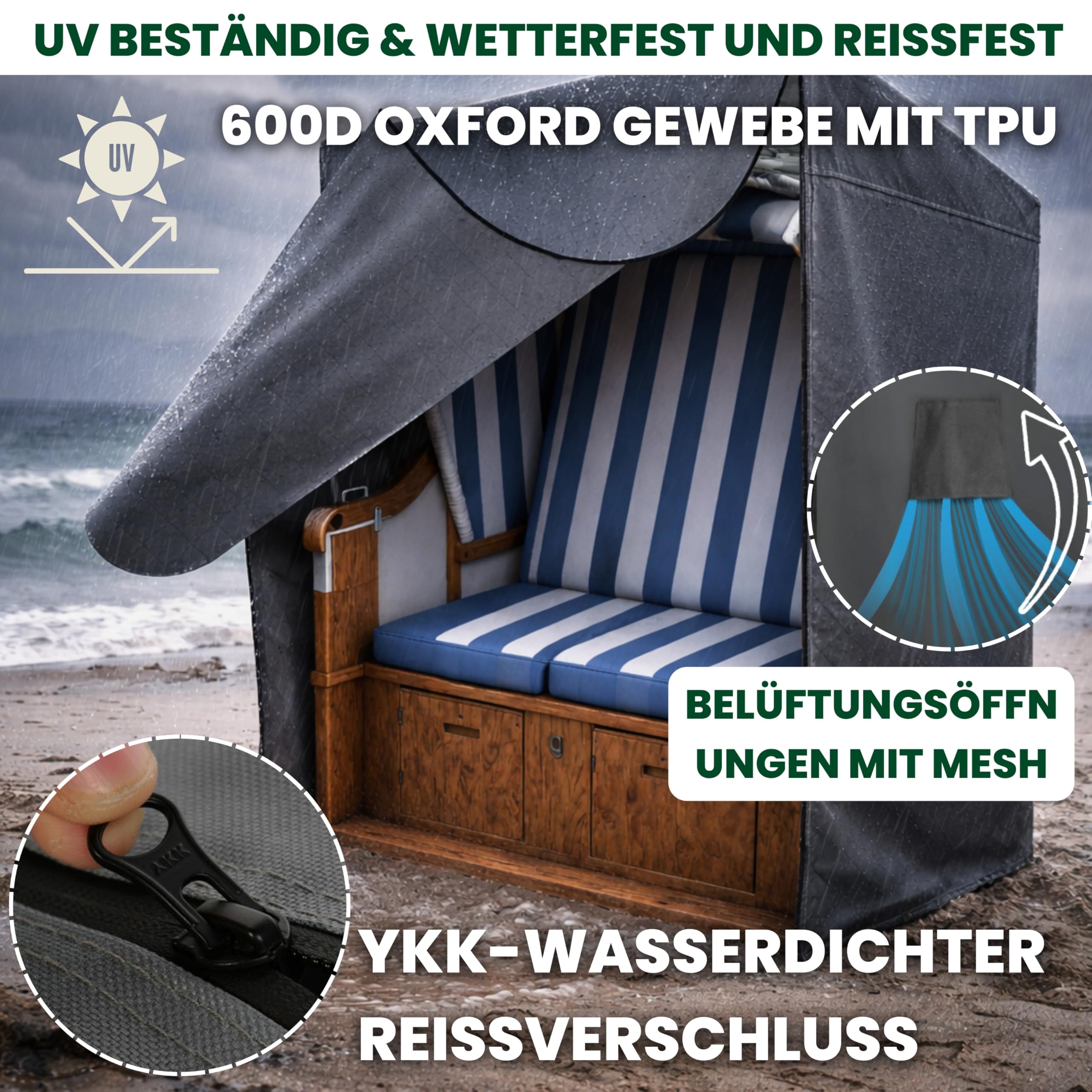 Strandkorb Schutzhülle winterfest Grau 2-Sitzer 600D Oxford Abdeckung Strandkorbhülle Abdeckhaube Abdeckplane wasserdicht 135x105x175/140 cm reißfest wetterfest TPU Beschichtung und Reißverschluss