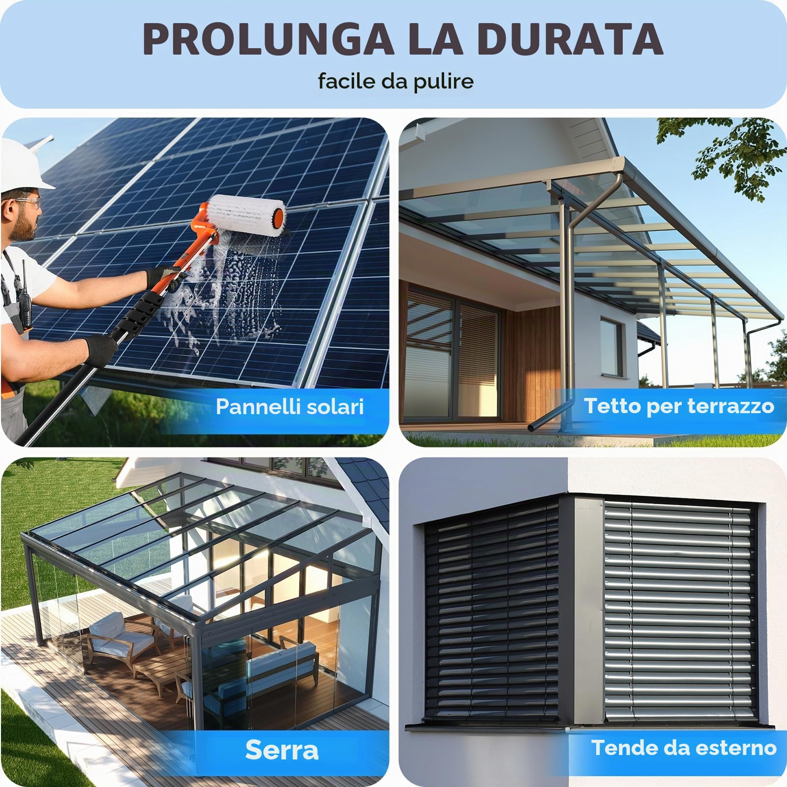 Kit di pulizia per pannelli solari elettrici da 6,2 m, palo estensibile per la pulizia delle finestre, palo telescopico a 5 fasi, spazzola per la pulizia delle finestre a 2 velocità per tetti di