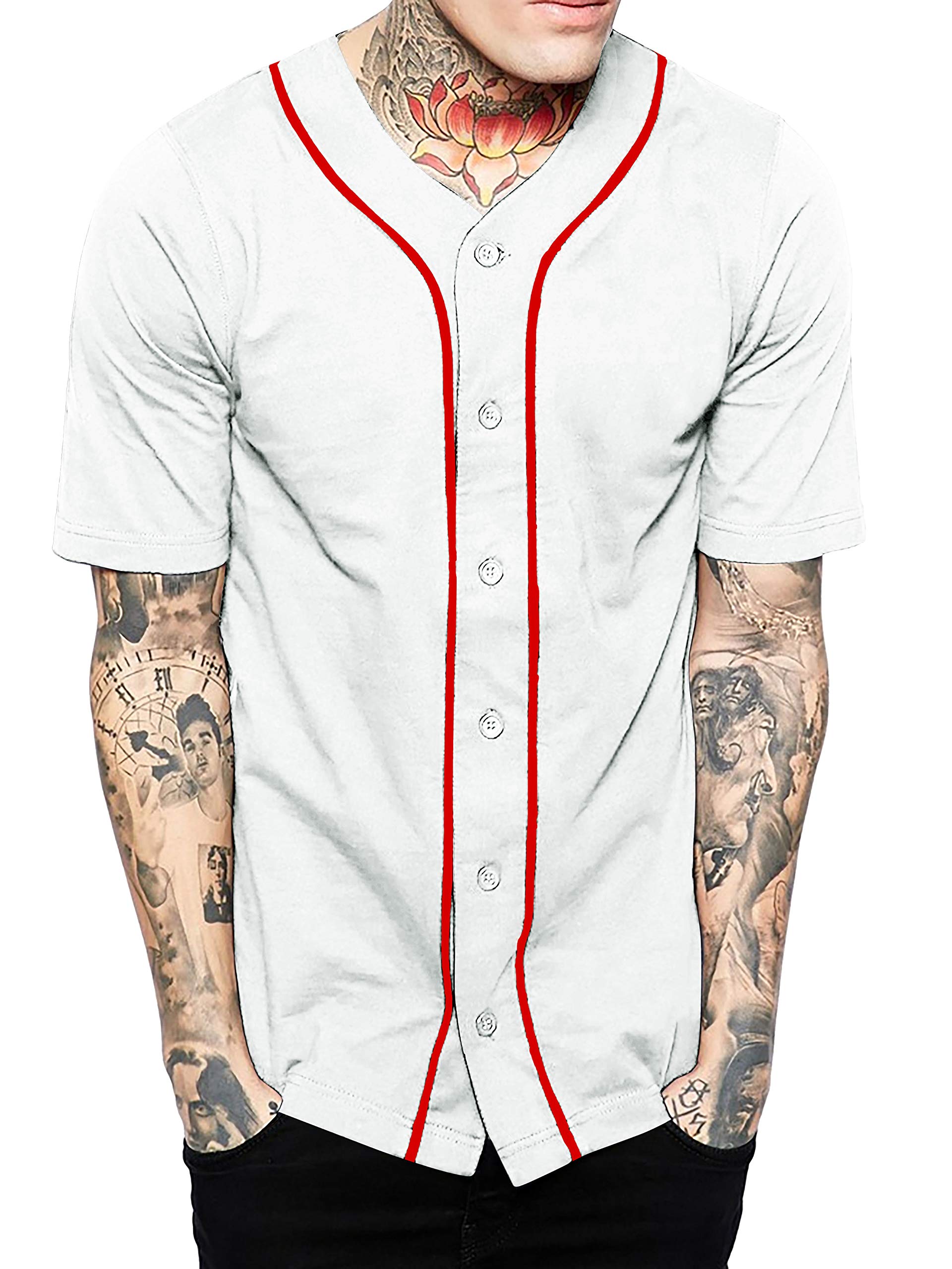 Hat and Beyond Mens Baseball Button Down Jersey (01up01_White/Red,Large)