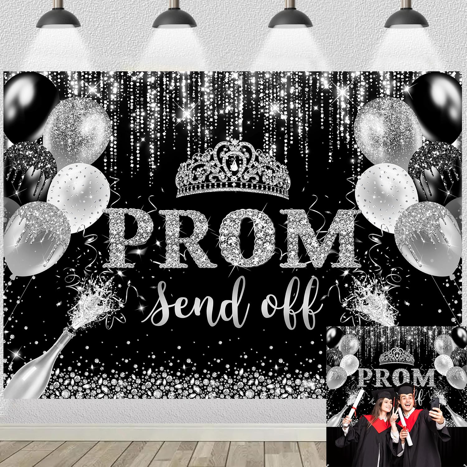 Photo 1 of ?8x6ft Prom Send Off 2026 Backdrop Black Silver Glitter Crown Photography Background Graduation Prom Night Party Decorations Banner for Class of 2026 Congrats Grad