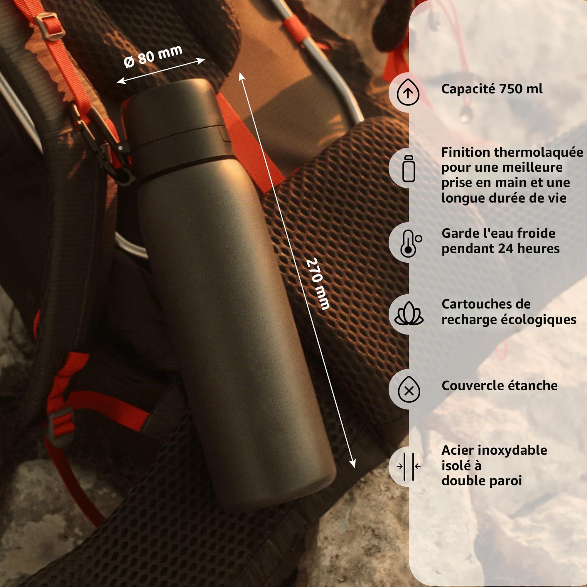 TAPP Water BottlePro - Bouteille filtrante. Filtre+80 contaminants. Sans BPA. Recharge durable et fermeture hermétique. Bouteille eau 750 ml (Noir)